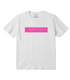 White t-shirt with pink text on a white background.