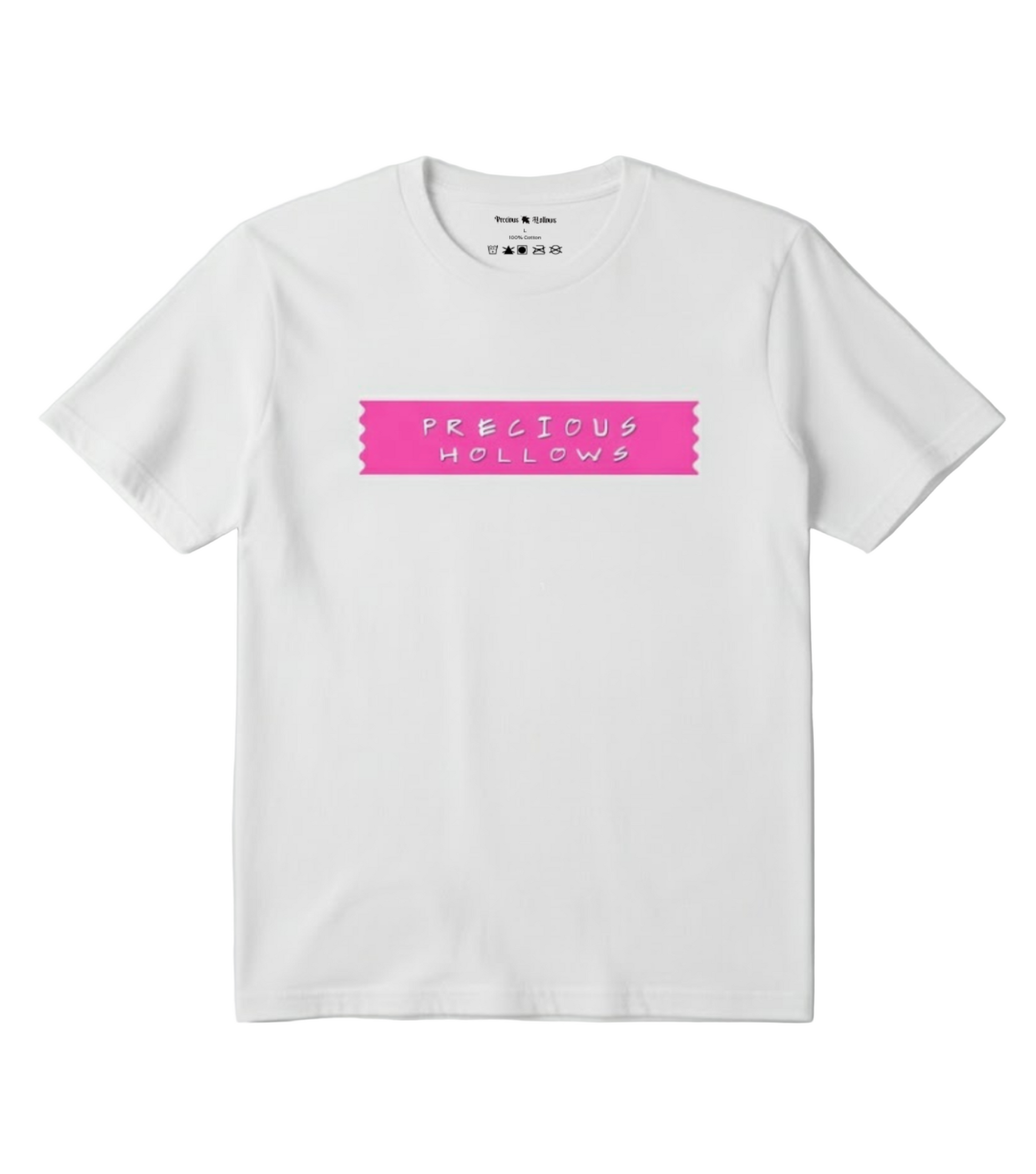 White t-shirt with pink text on a white background.