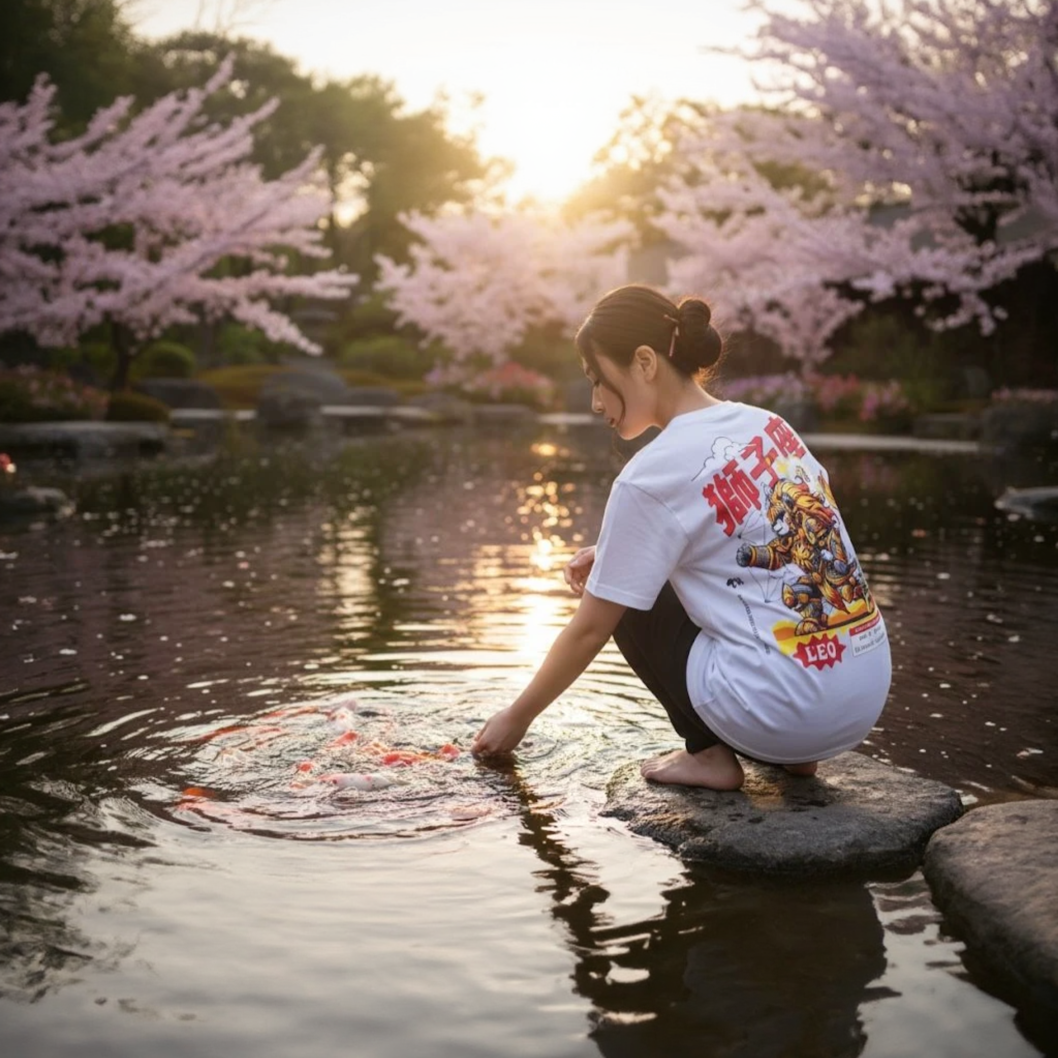 Person sitting by a pond with cherry blossoms in the background