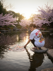 Person sitting by a pond with cherry blossoms in the background