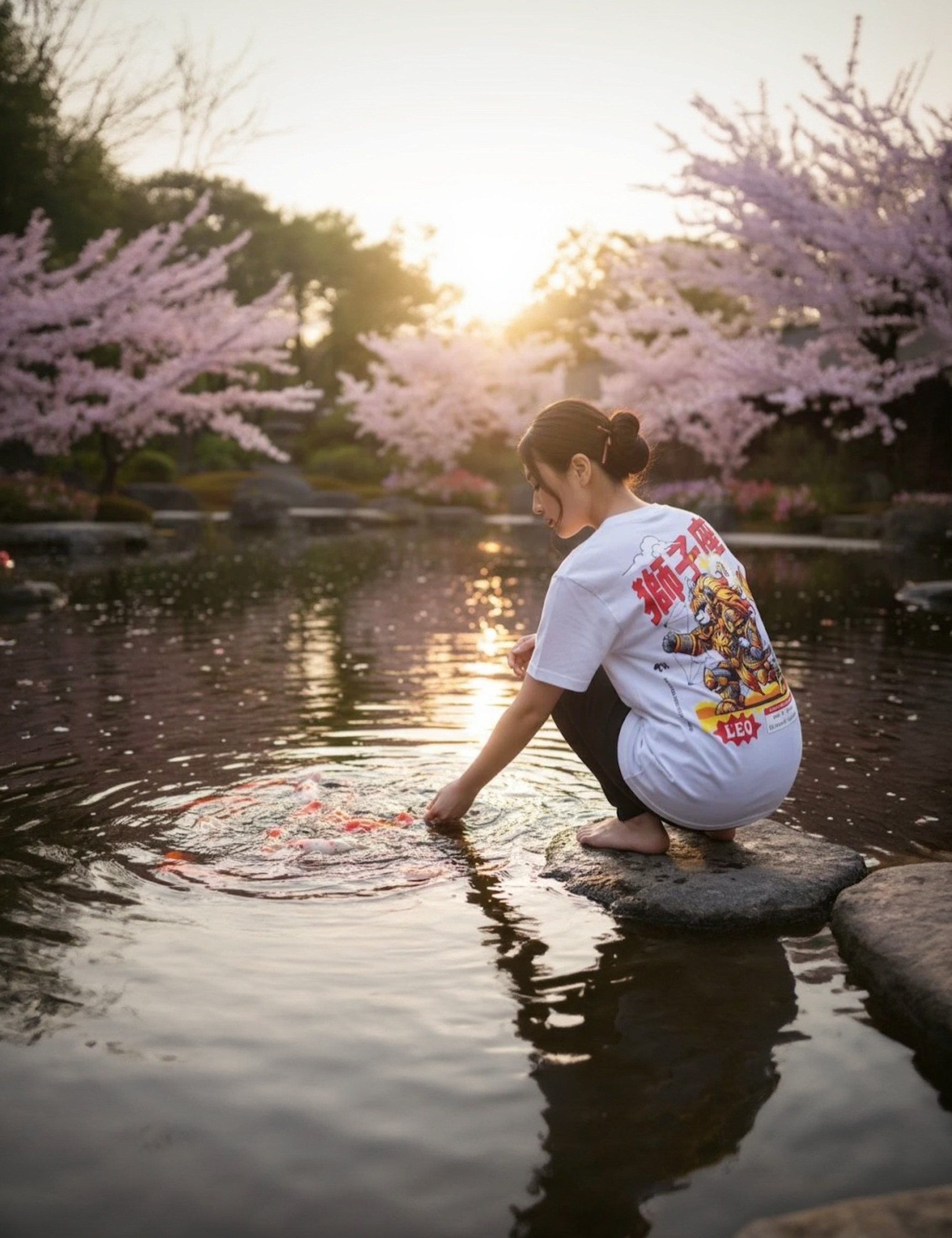 Person sitting by a pond with cherry blossoms in the background