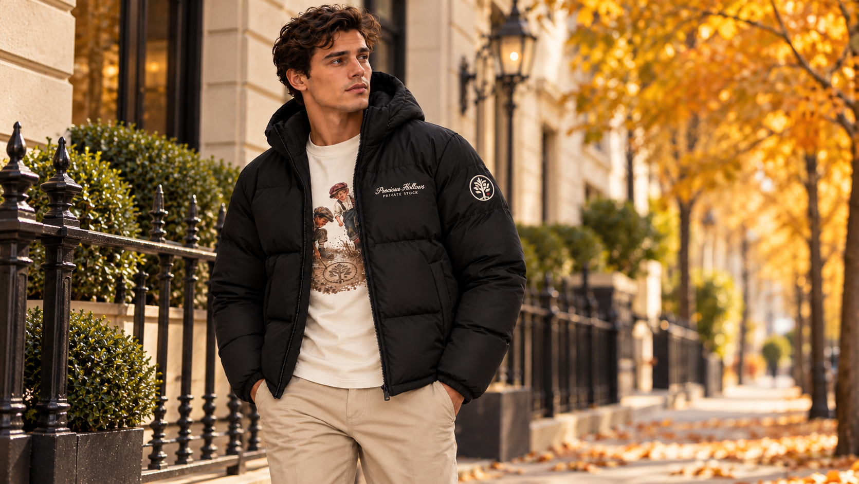 A man wearing a black puffer jacket with a white graphic t-shirt and beige trousers, standing on a city street lined with autumn trees.