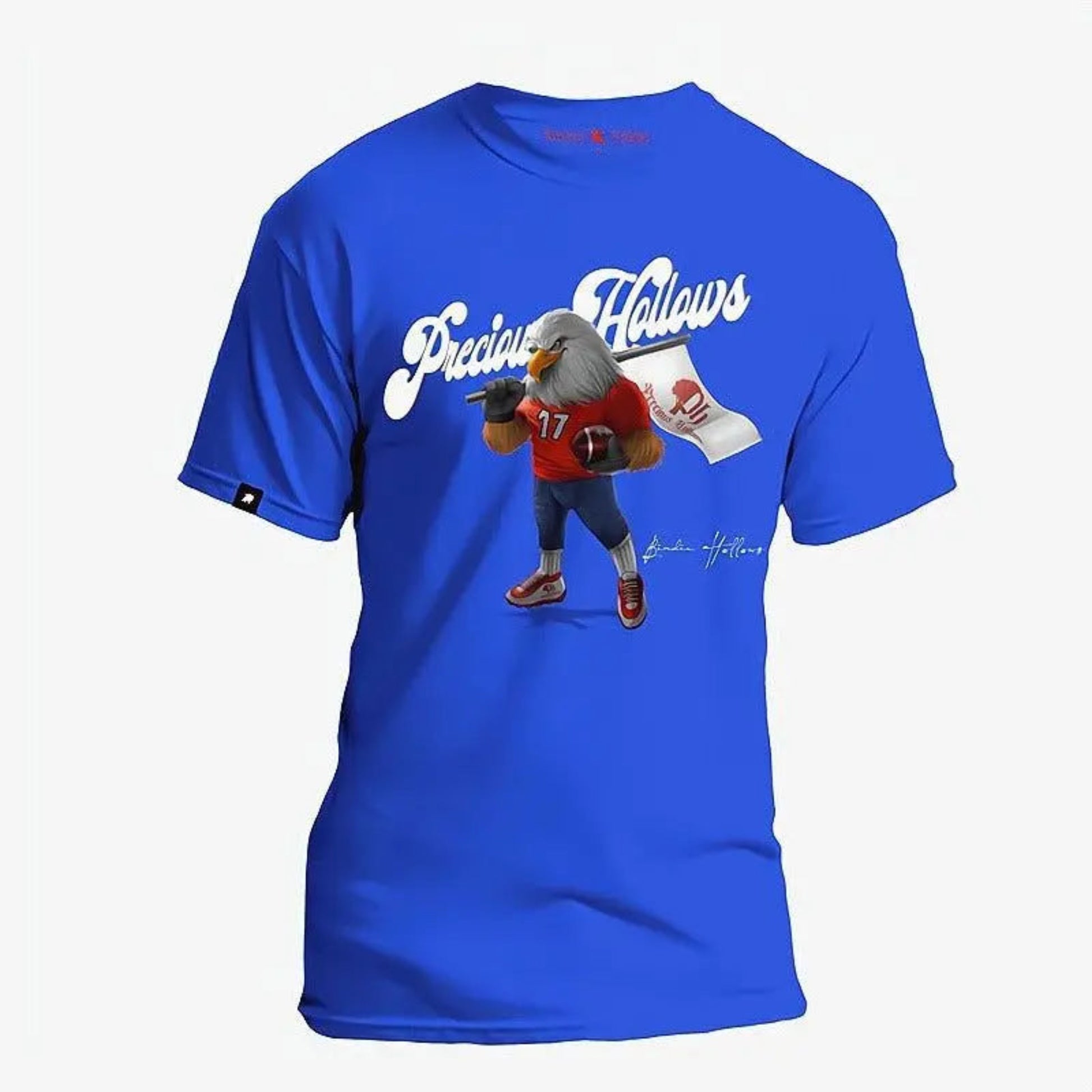 A royal blue Pima cotton tee with a graphic of a cartoon bird character holding a football, and the text 'Precious Hollows' above it.#color_blue