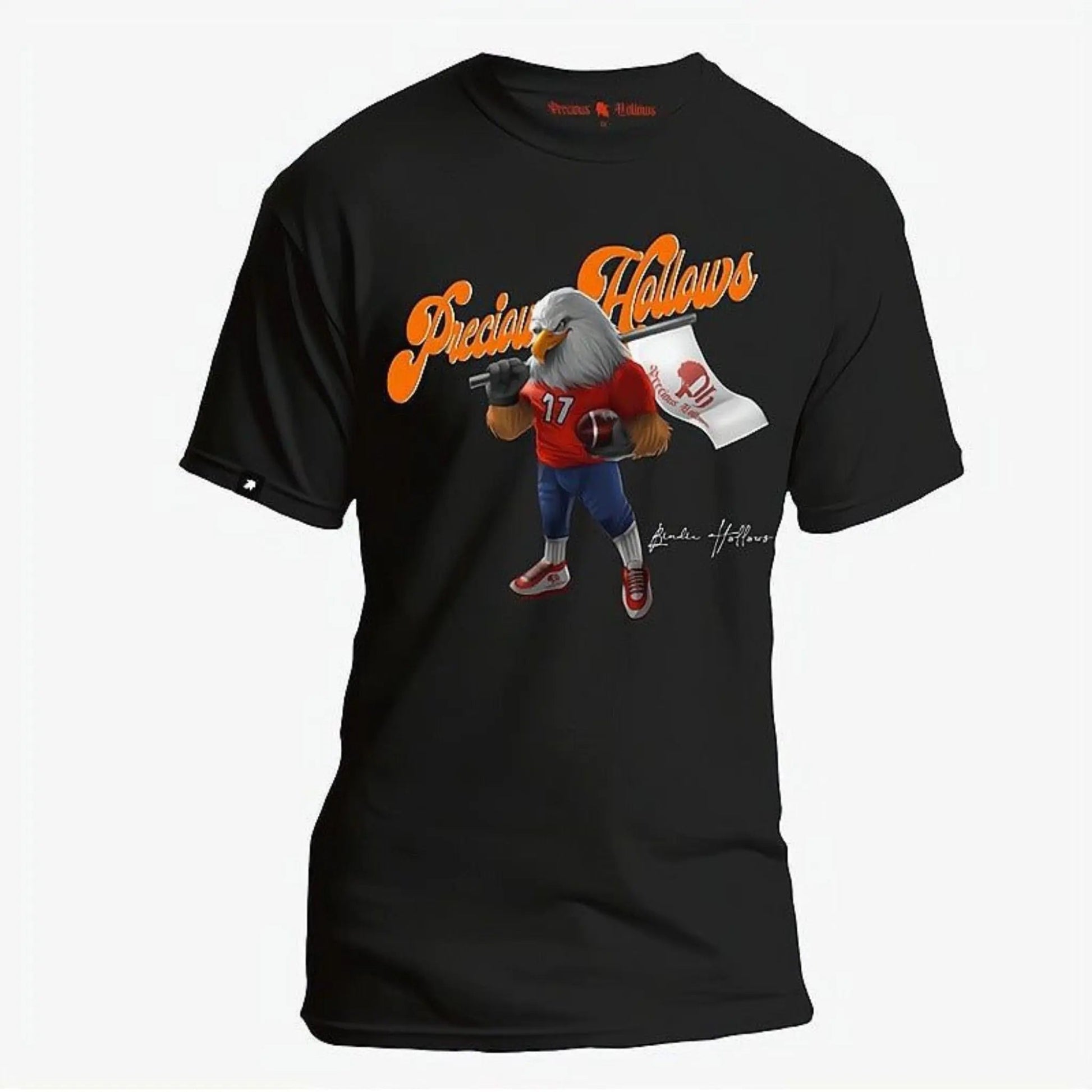 A black Pima cotton tee with a graphic of a cartoon bird character holding a football, and the text 'Precious Hollows' above it.#color_black