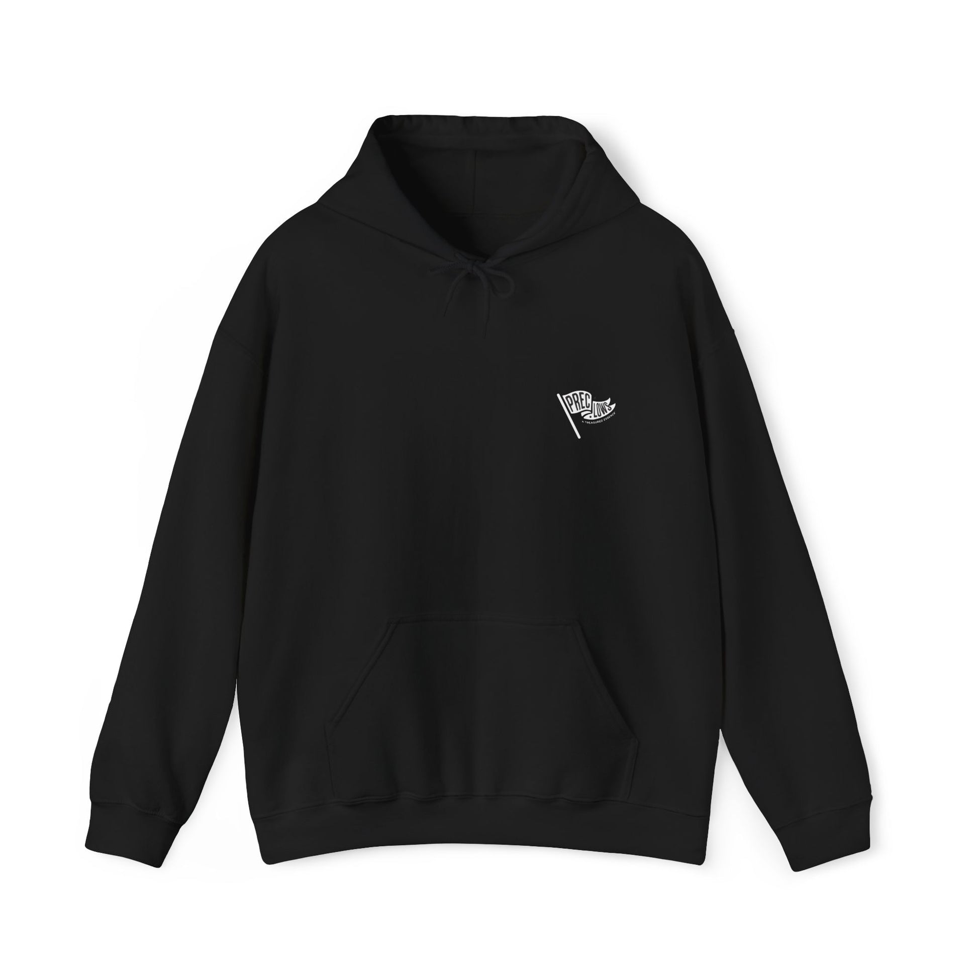 Black hoodie with a small white logo on a white background.#color_black