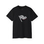 Black t-shirt with a white graphic design on a white background.#color_black