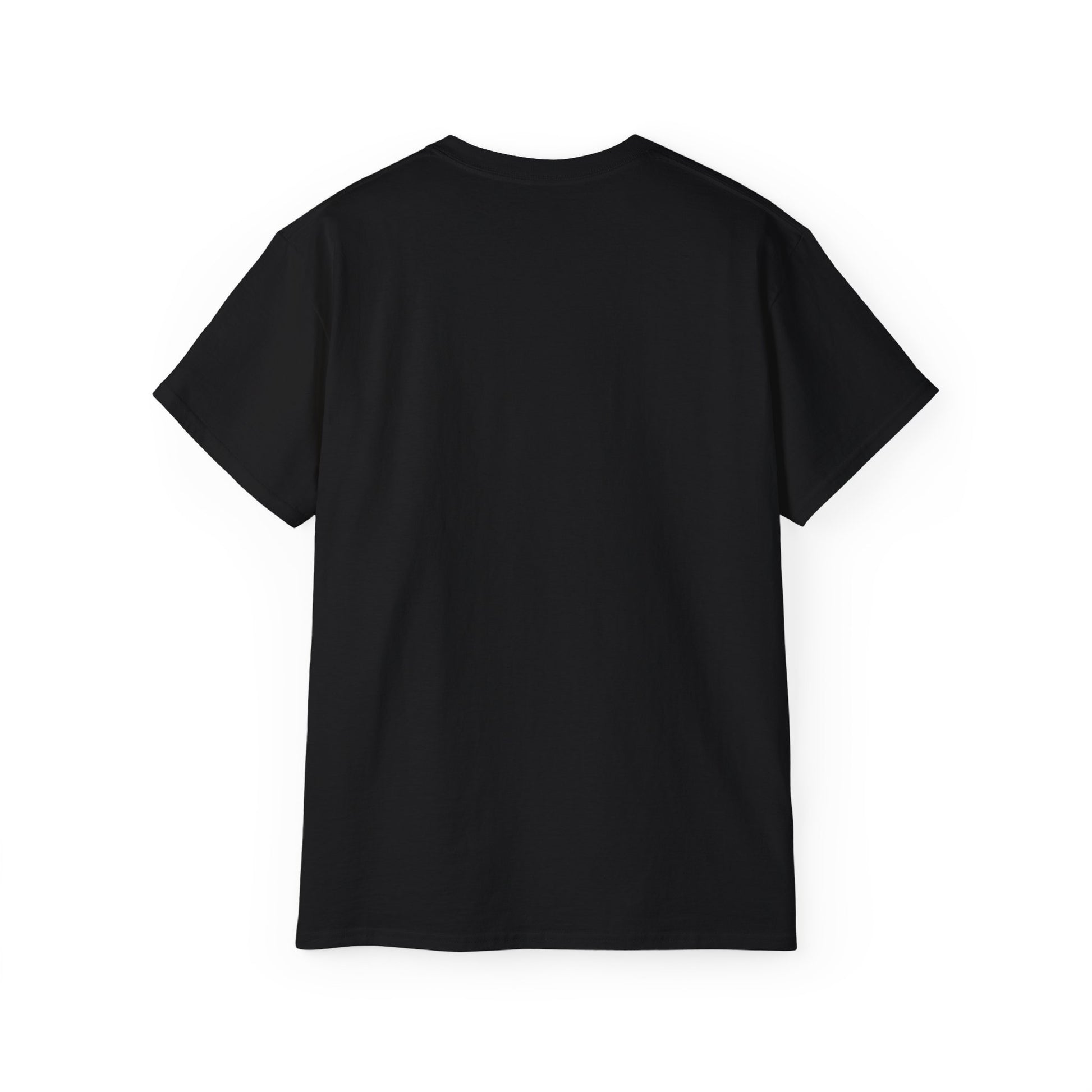 Black t-shirt on a white background.#color_black
