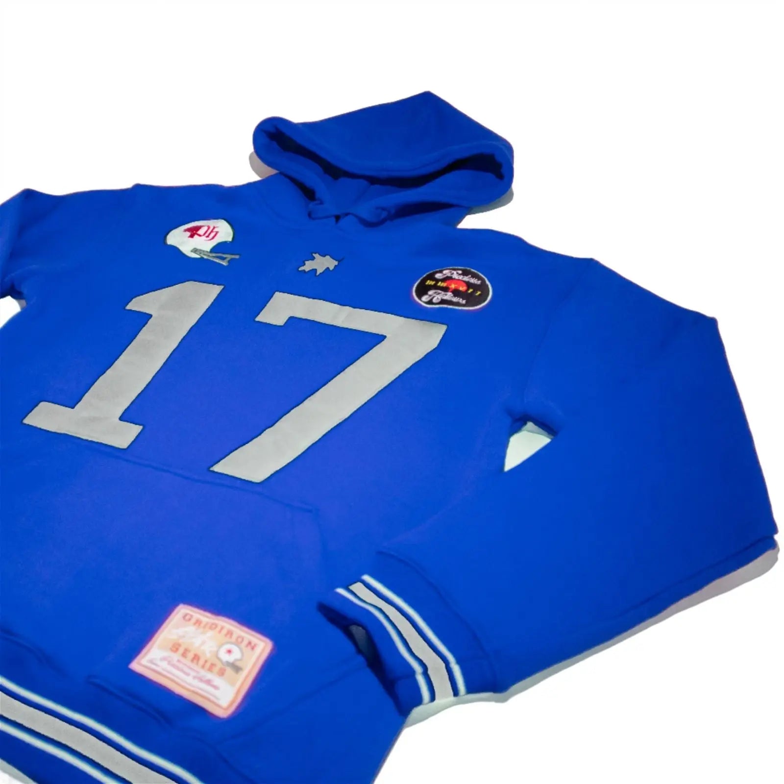 A royal blue cotton blend football hoodie with the number 17 and the brand name Birdie Hollows on it. It includes a hood and features black and white detailing.#color_blue