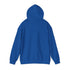 Back of a blue hoodie with the hood up on a white background.#color_royal