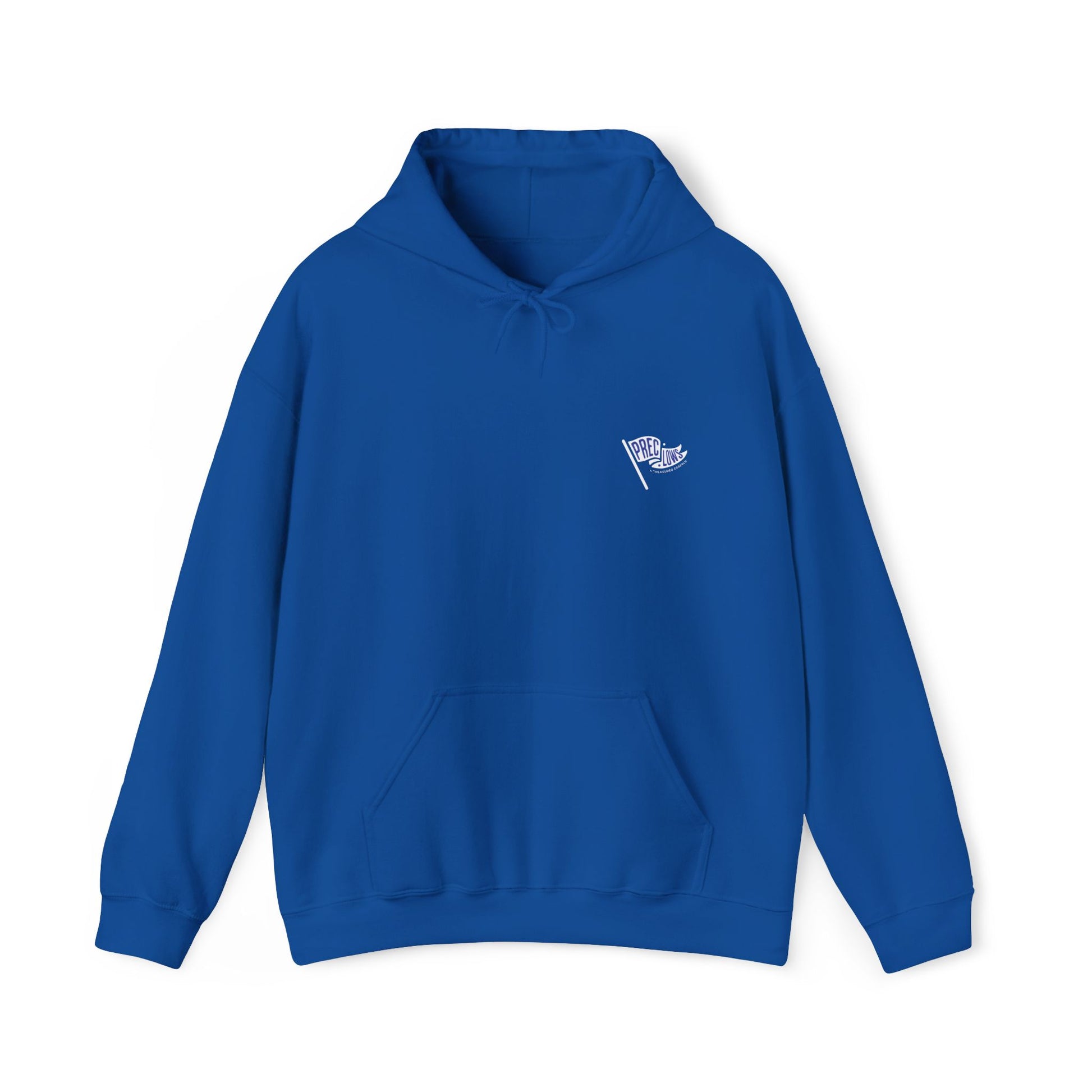 Blue hoodie with a small logo on the chest against a white background.#color_royal