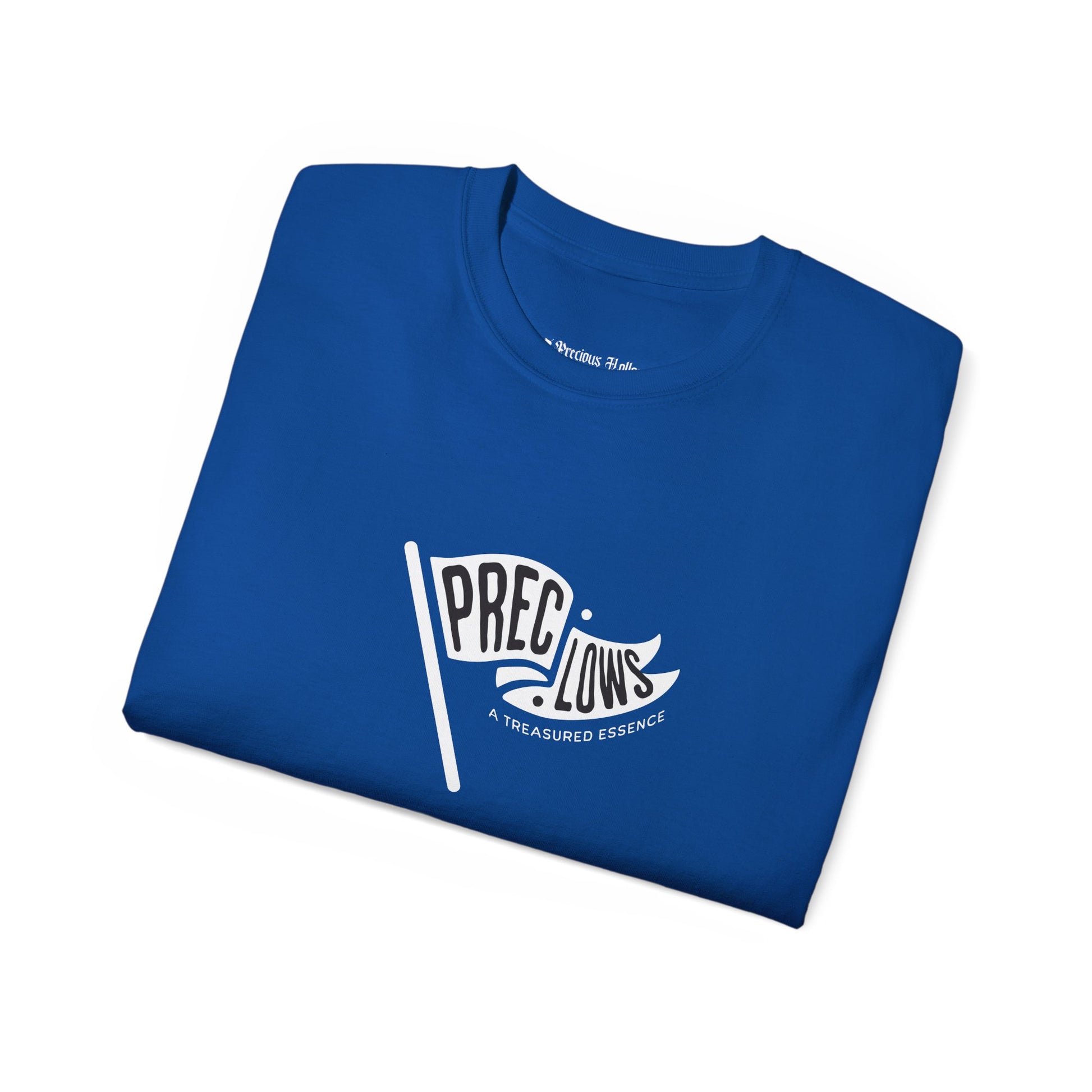 Folded blue t-shirt with white graphic and text on a white background.#color_royal