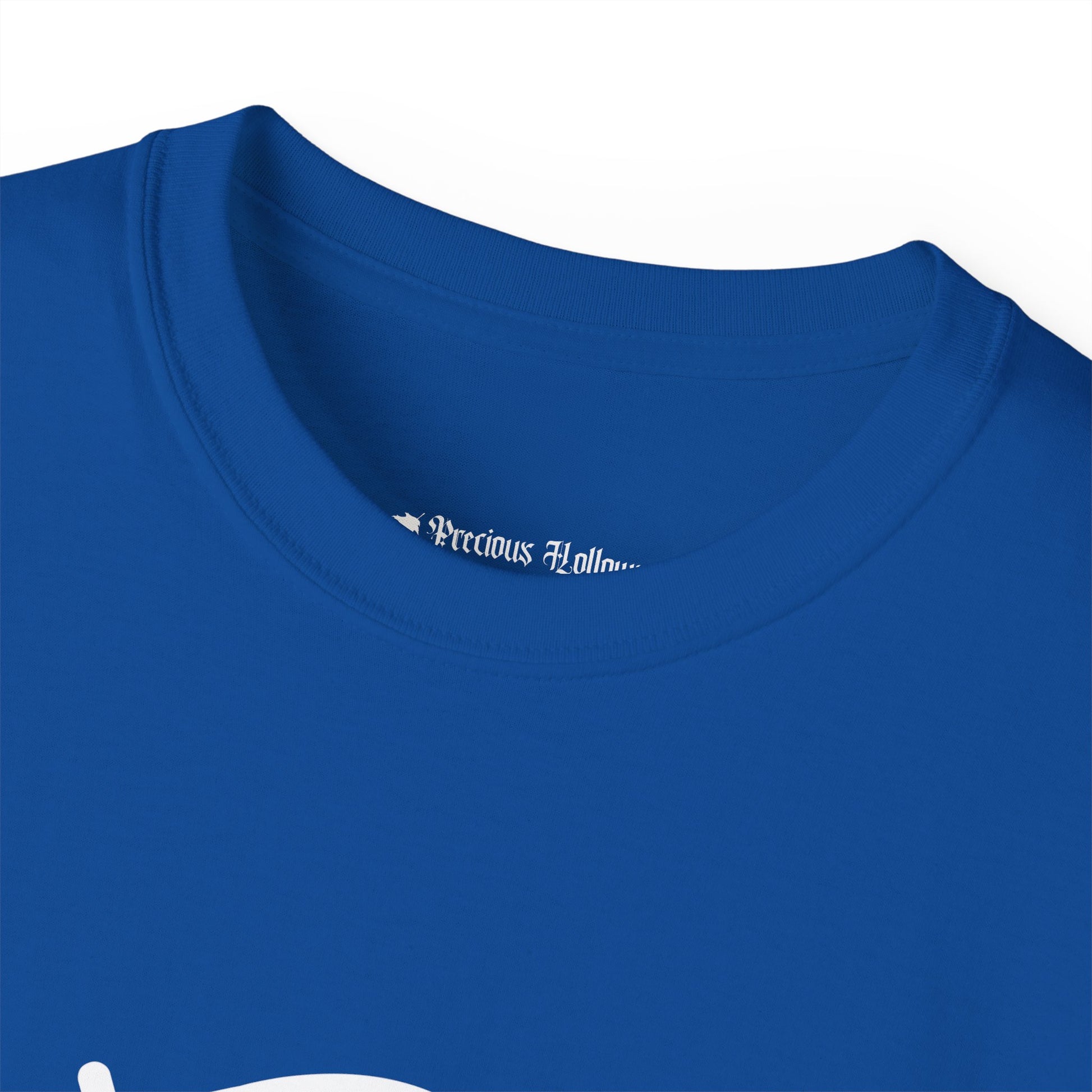 Close-up of a blue shirt with a brand logo on the collar against a white background.#color_royal