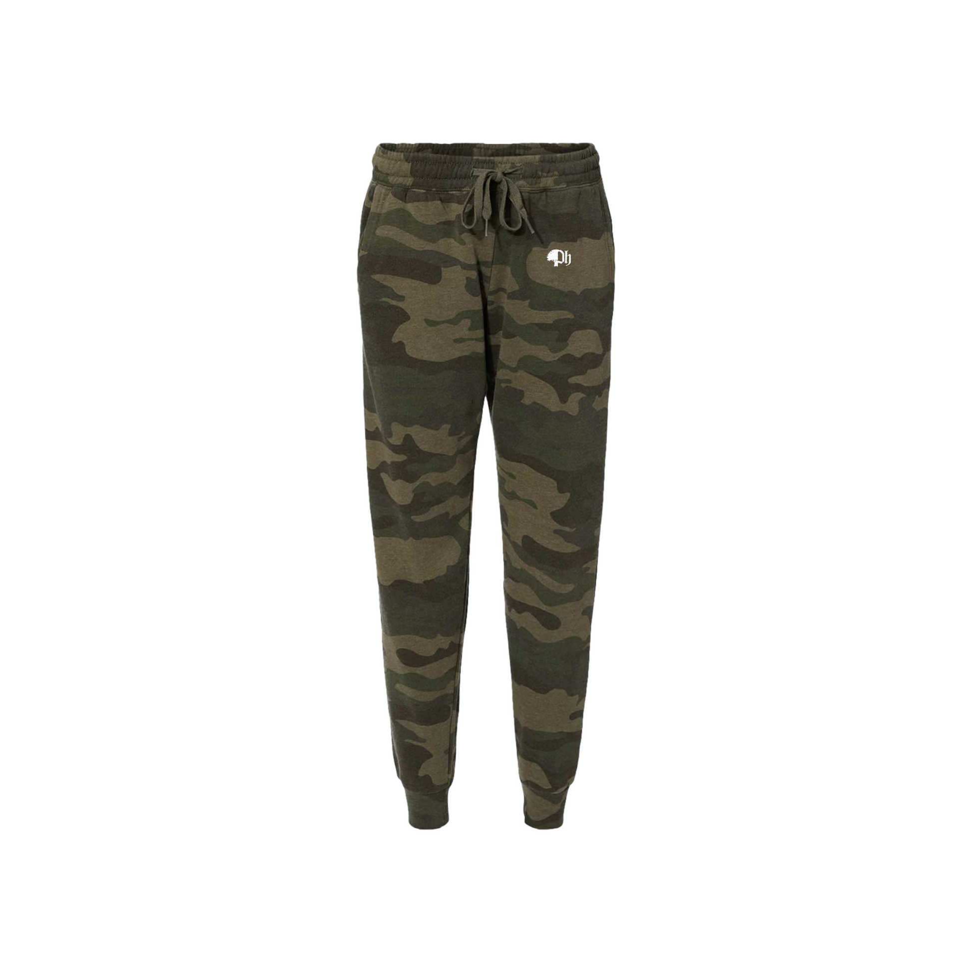 camouflage pants with white logo