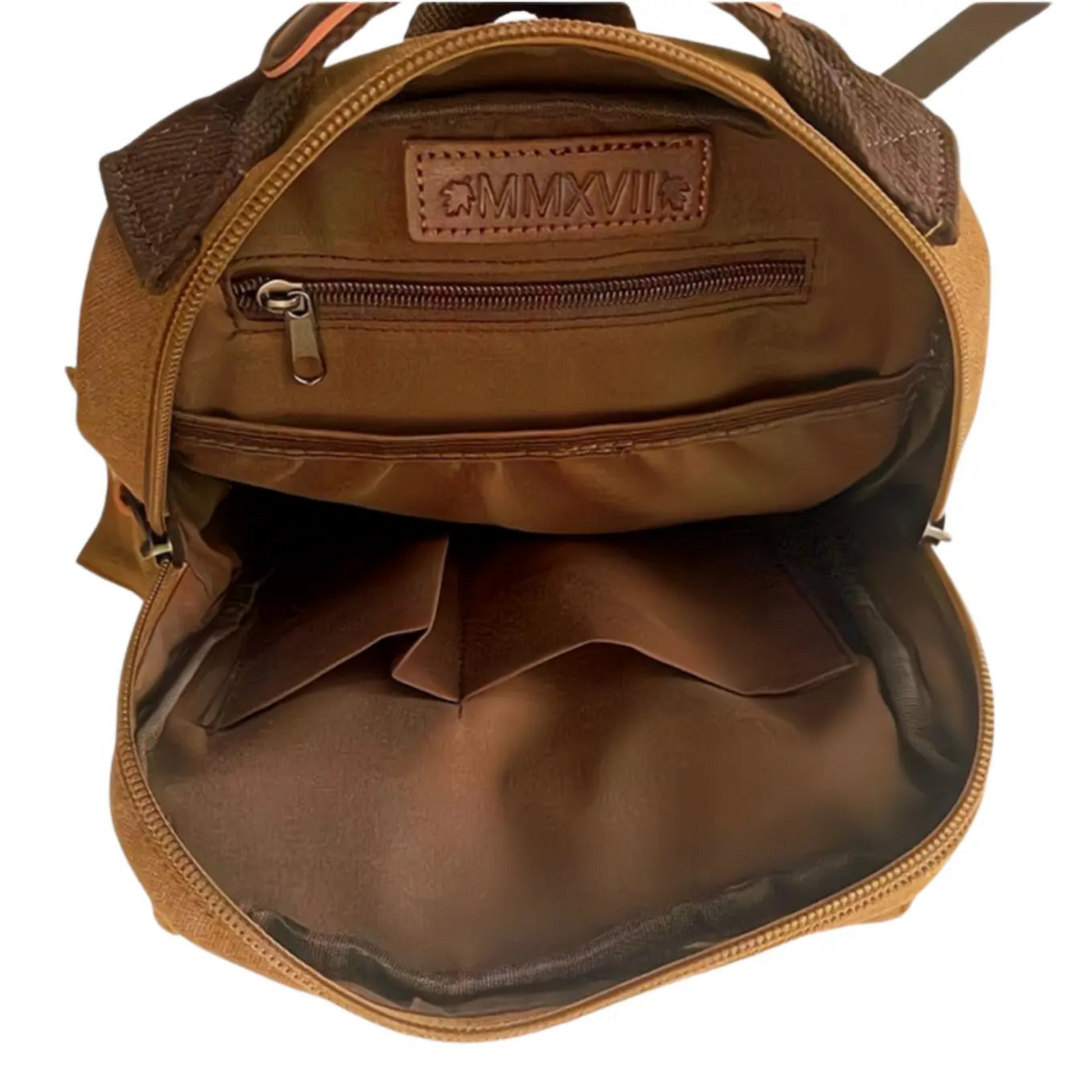 Brown luggage top view opened showing compartments and embossed logo.#color_brown