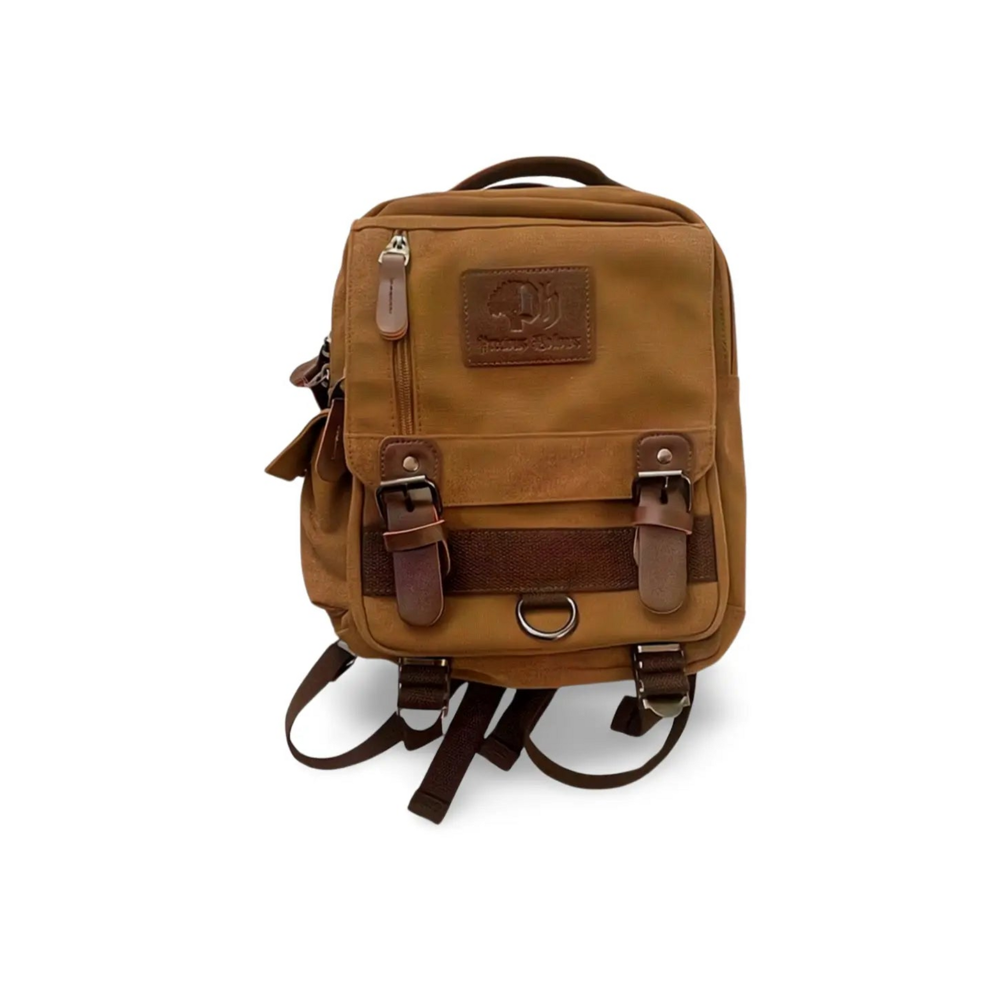 A medium-sized canvas fabric backpack in brown color with multiple compartments, a universal strap, and an embossed logo on the front.#color_brown