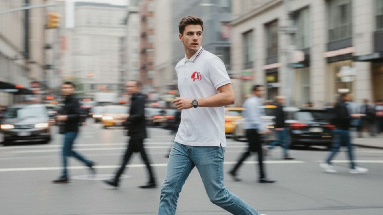 Man walking on a city street with blurred background