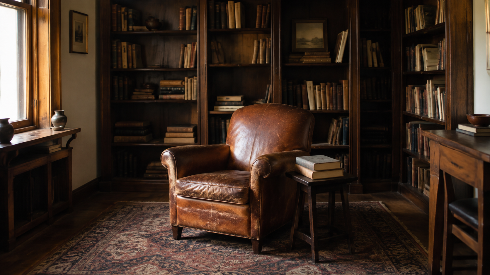 A rustic brown leather armchair sits in a dimly lit library room with tall wooden bookshelves filled with books, a patterned rug, and a small side table beside it.