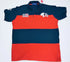 A striped cotton polo shirt with a ribbed collar and armholes, featuring a red and blue color block design, patriotic embroidered details, and a button-up front.#color_navy-stripes