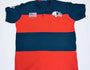 A striped cotton polo shirt with a ribbed collar and armholes, featuring a red and blue color block design, patriotic embroidered details, and a button-up front.#color_navy-stripes