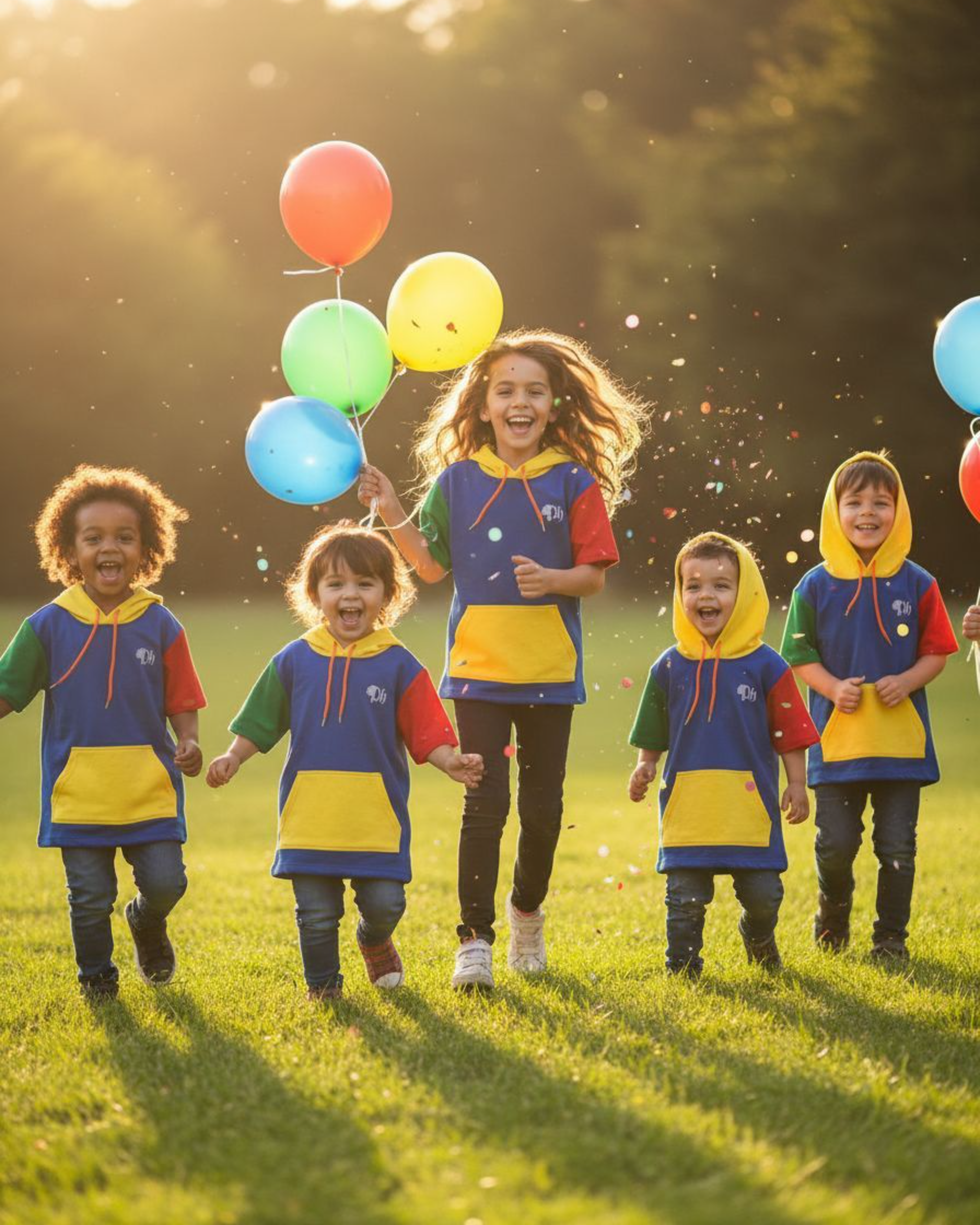 Children in matching colorful outfits running outdoors with balloons.