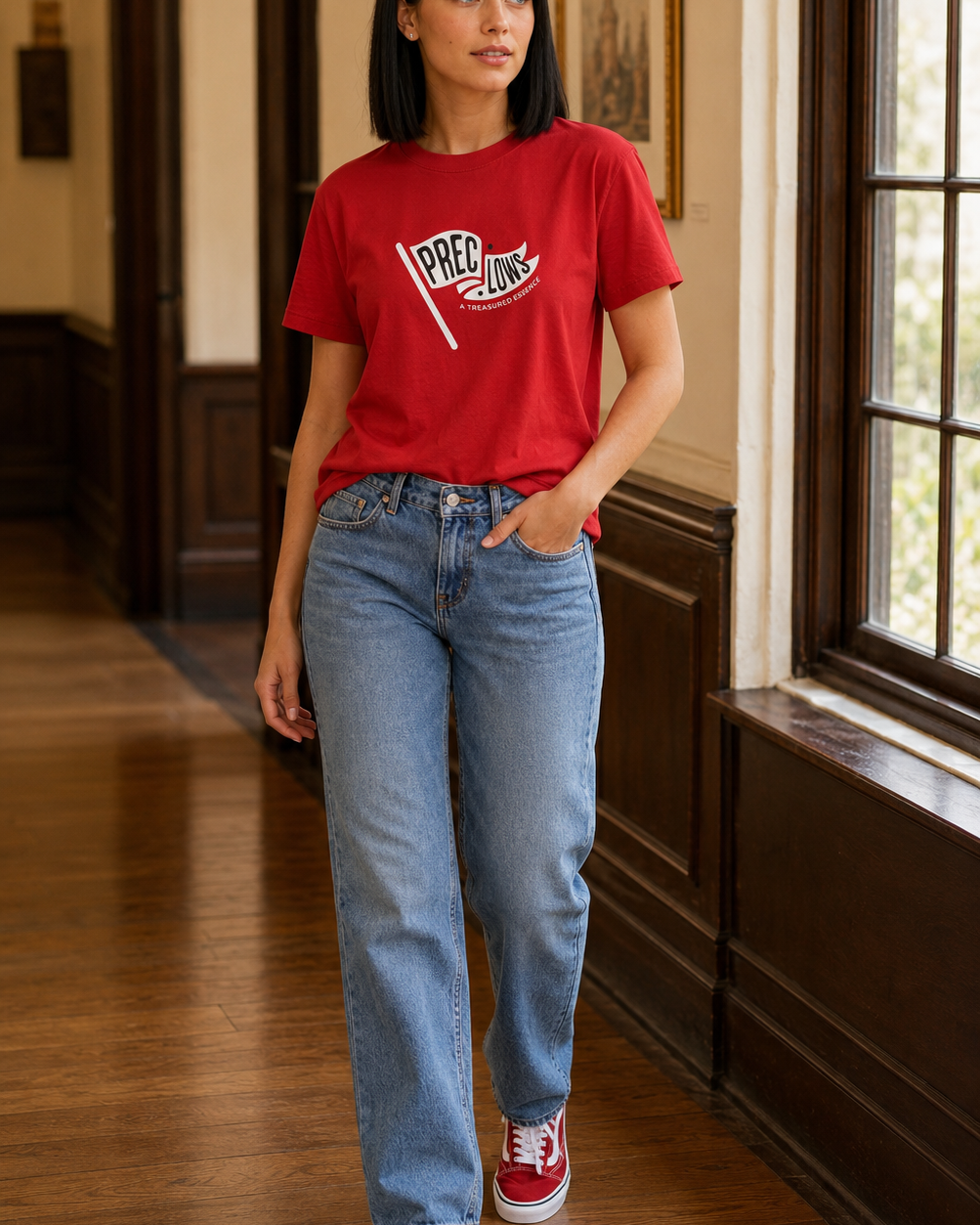 A woman stands in a hallway wearing a red graphic T-shirt with a white and black 'Proud Lads' flag design, light blue jeans, and red sneakers.