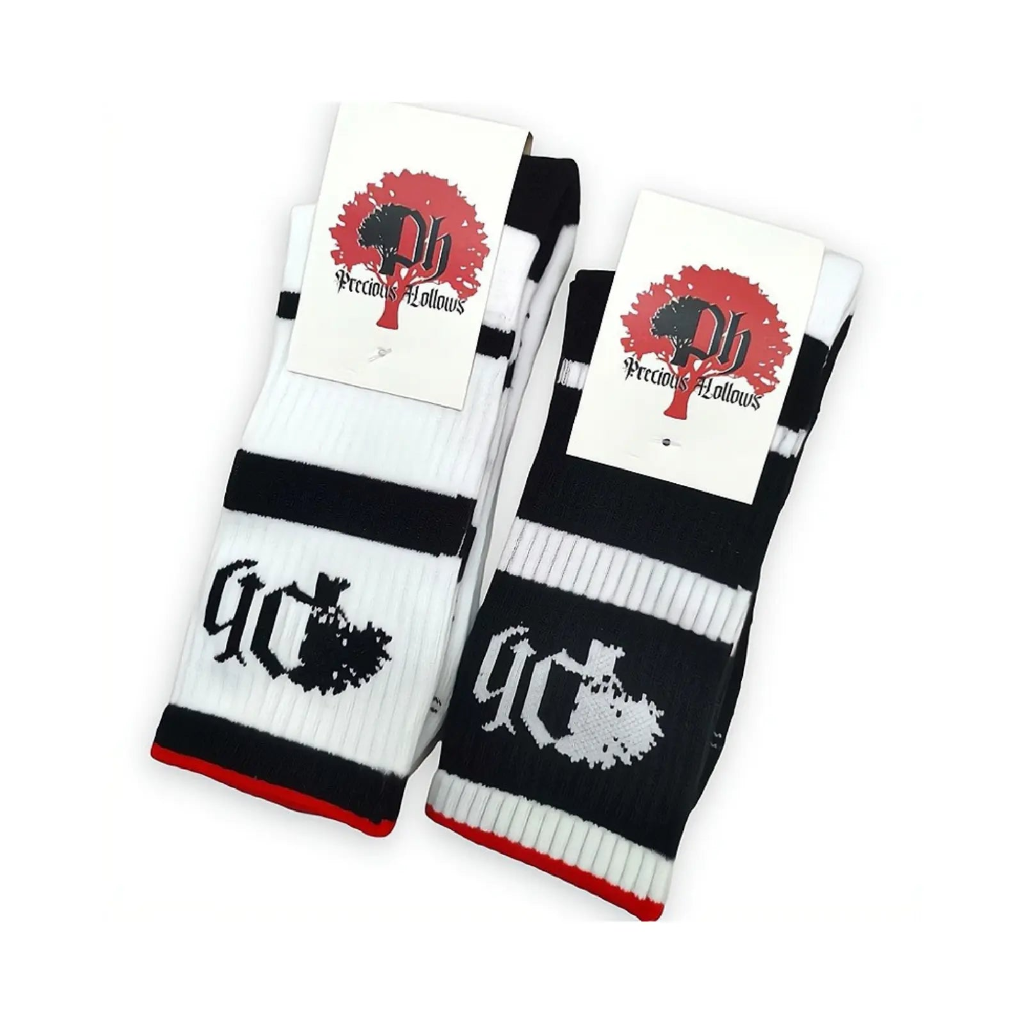 Two pairs of black and white crew socks with logos.#color_black-white 