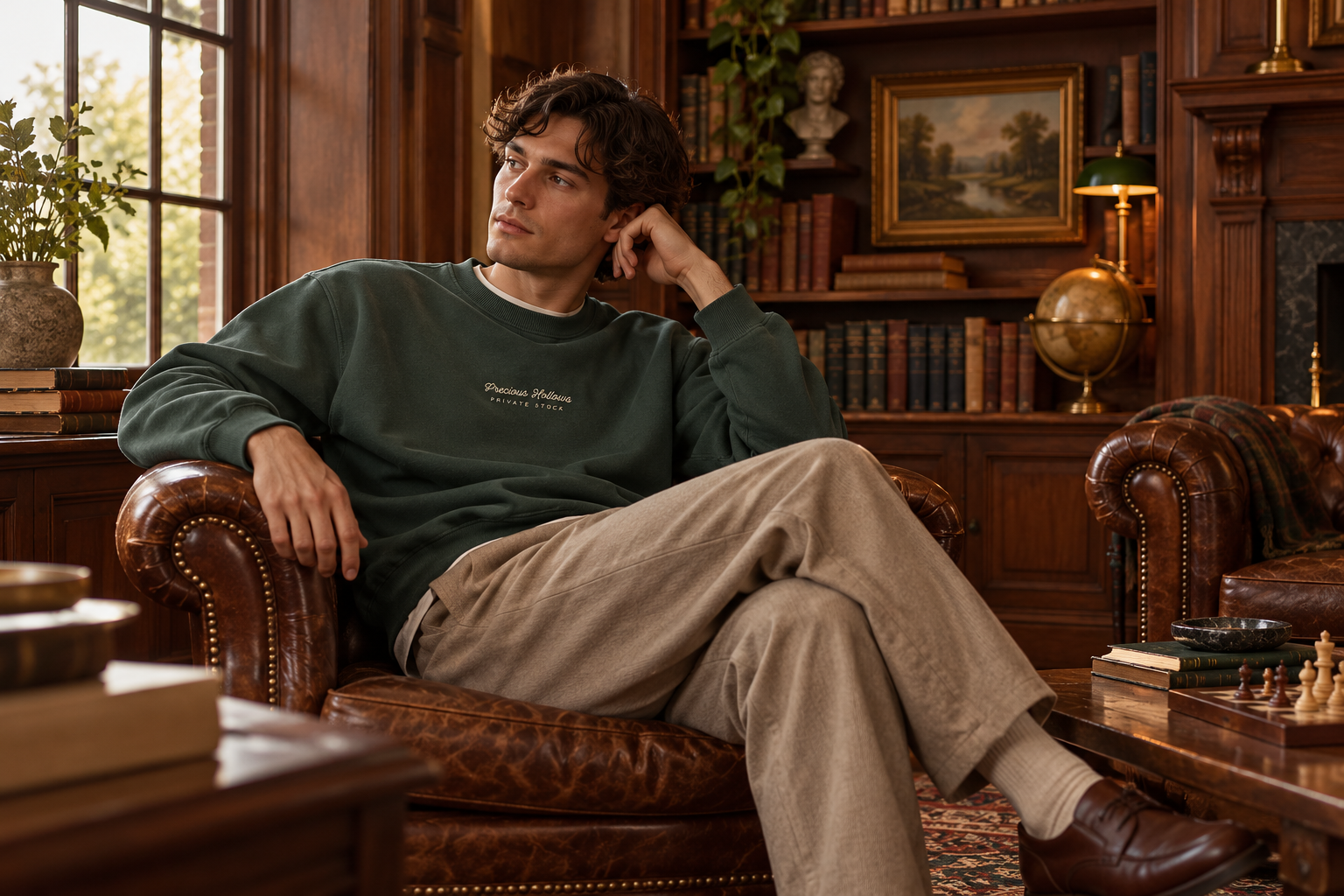 A man relaxes in a brown leather armchair inside a warm, wood-paneled study. He is wearing a dark green crewneck sweatshirt with 'Pier St.