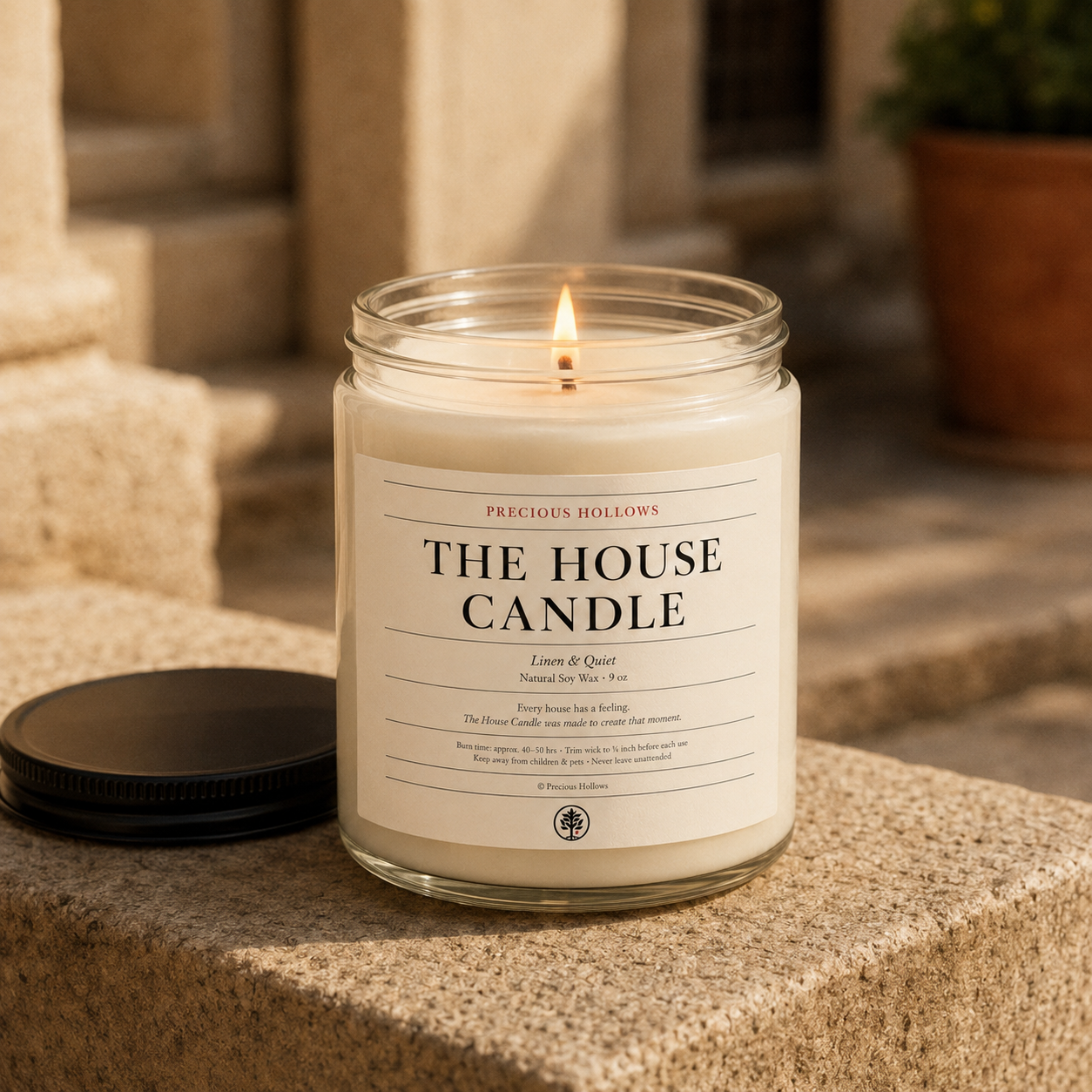 Clean Cotton House Candle styled on a stone ledge