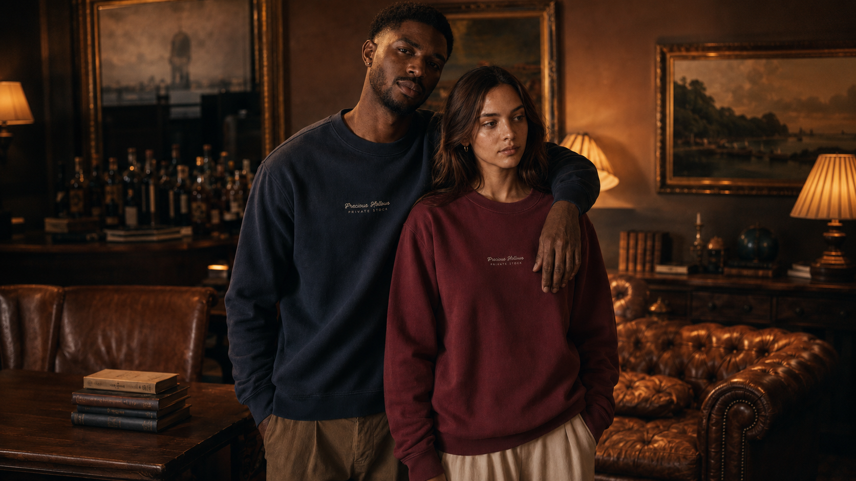 Two models wearing matching crewneck sweatshirts from Precious Hollows. 