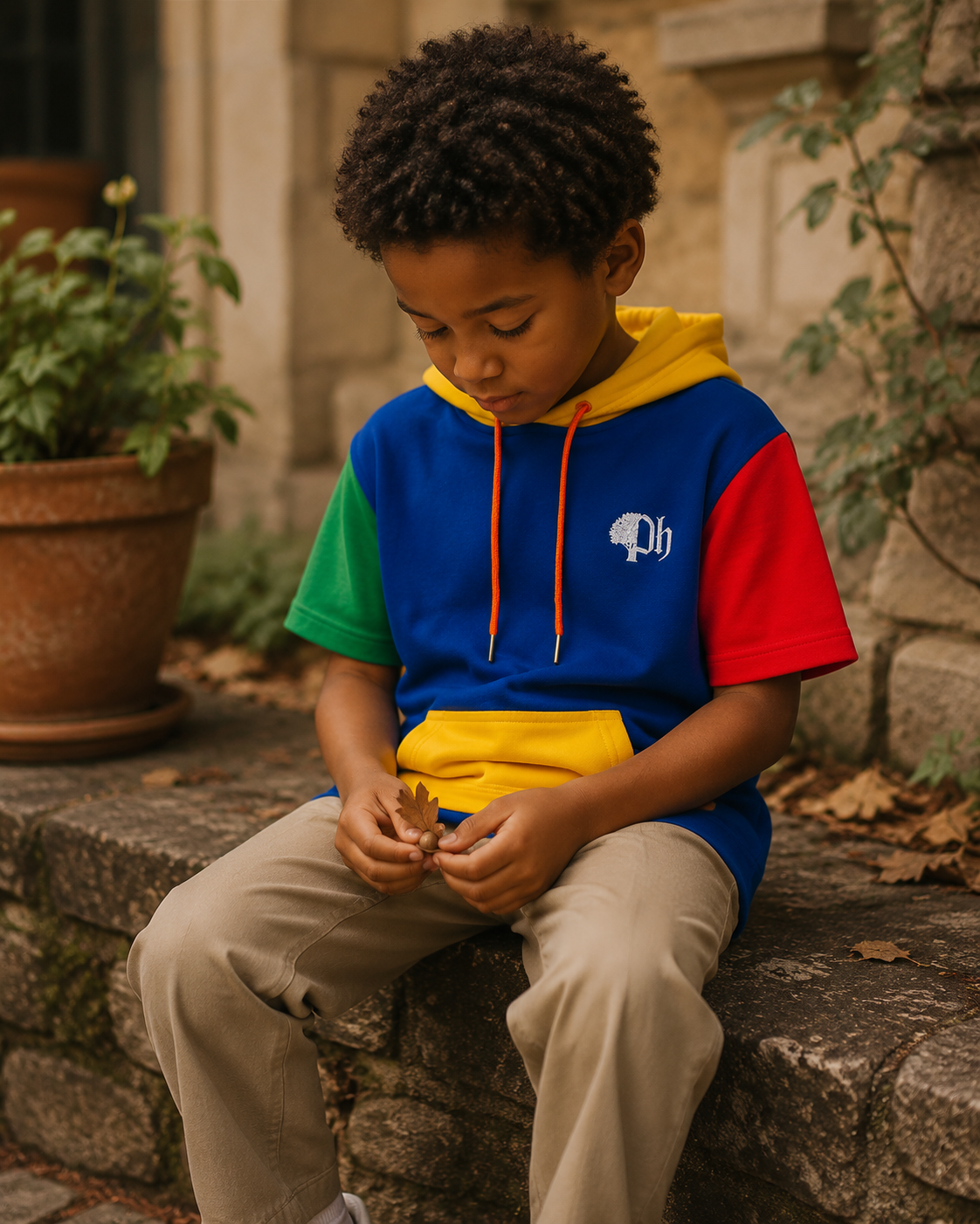 A young boy sits on a stone wall wearing a vibrant color-block hoodie with blue, yellow, red, and green panels, khaki pants, and looking down at a small brown leaf in his hands.