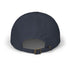 Navy blue cap with a brown buckle on a white background