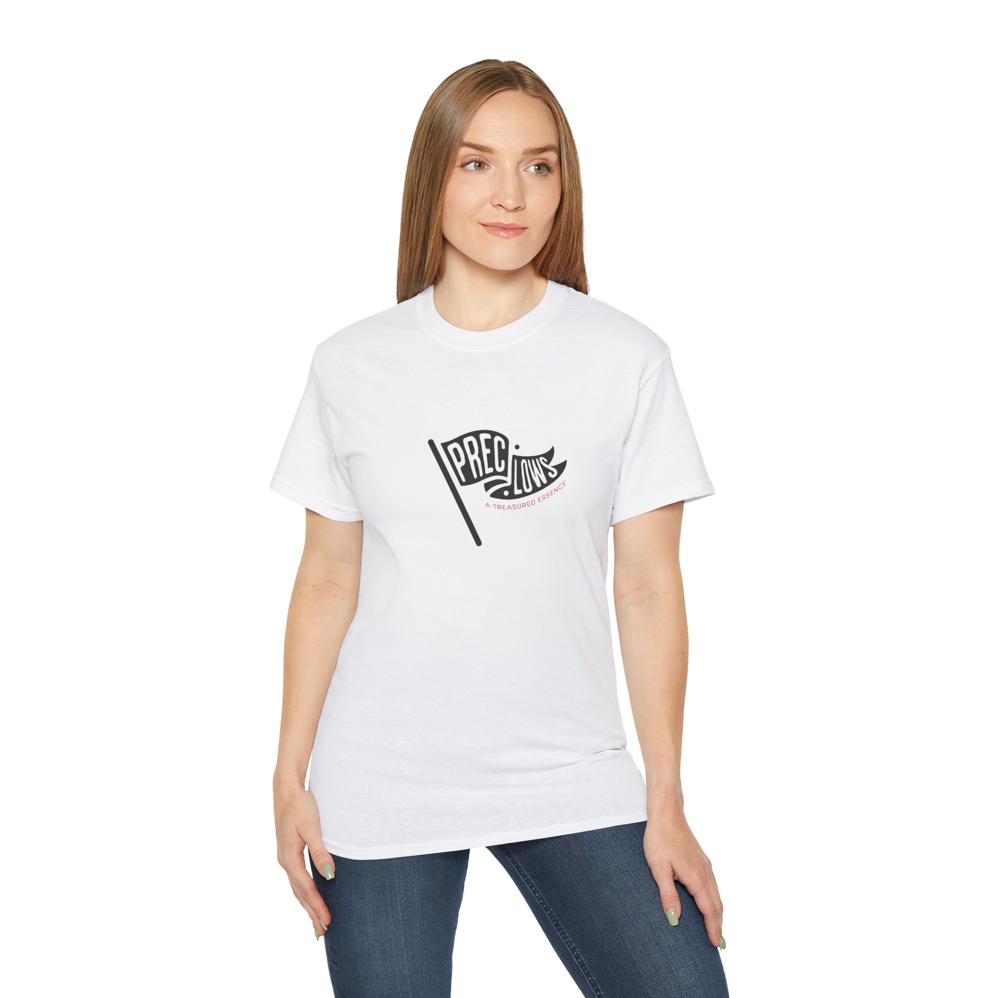 Woman wearing a white t-shirt with a logo on a white background