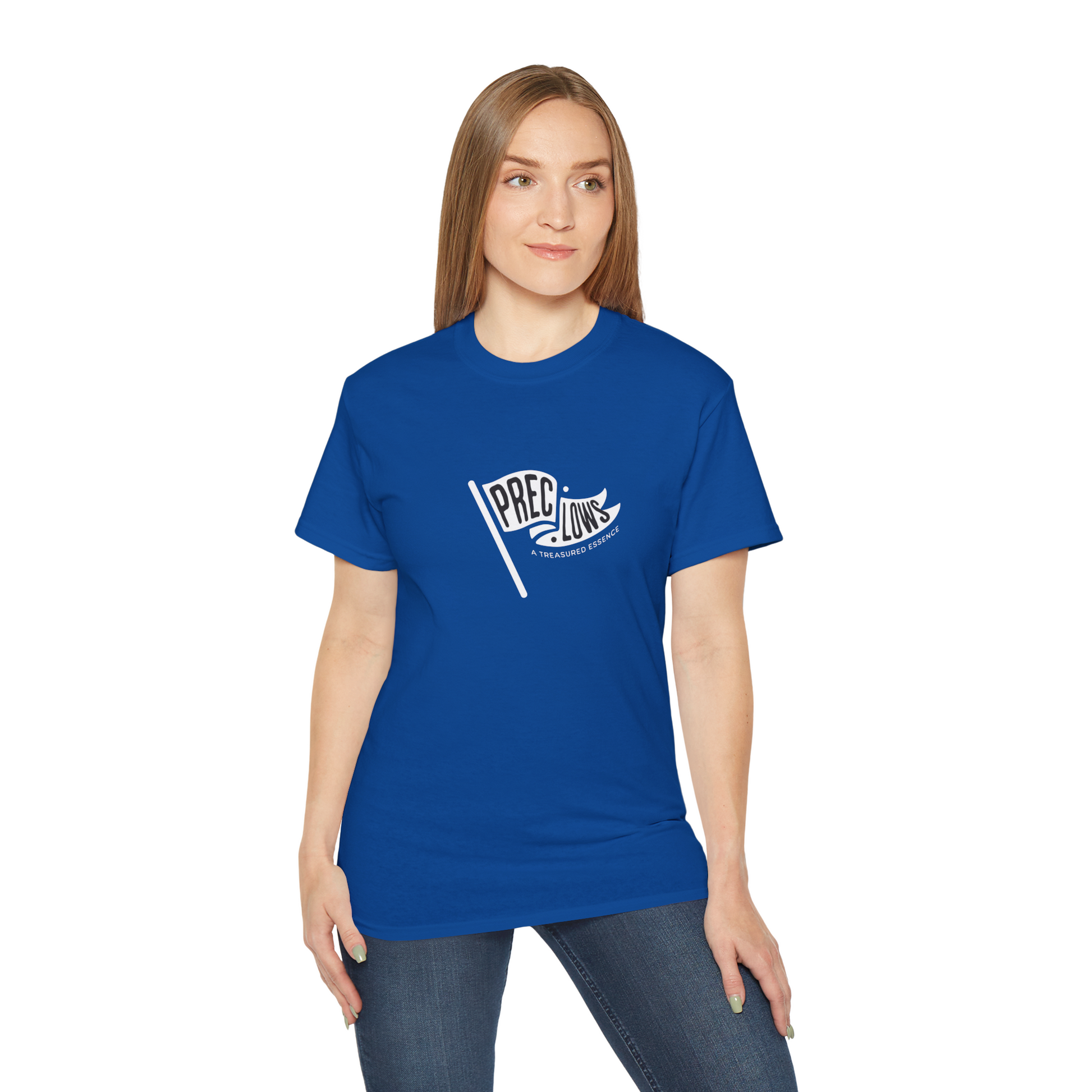 Woman wearing a blue t-shirt with a logo on a white background