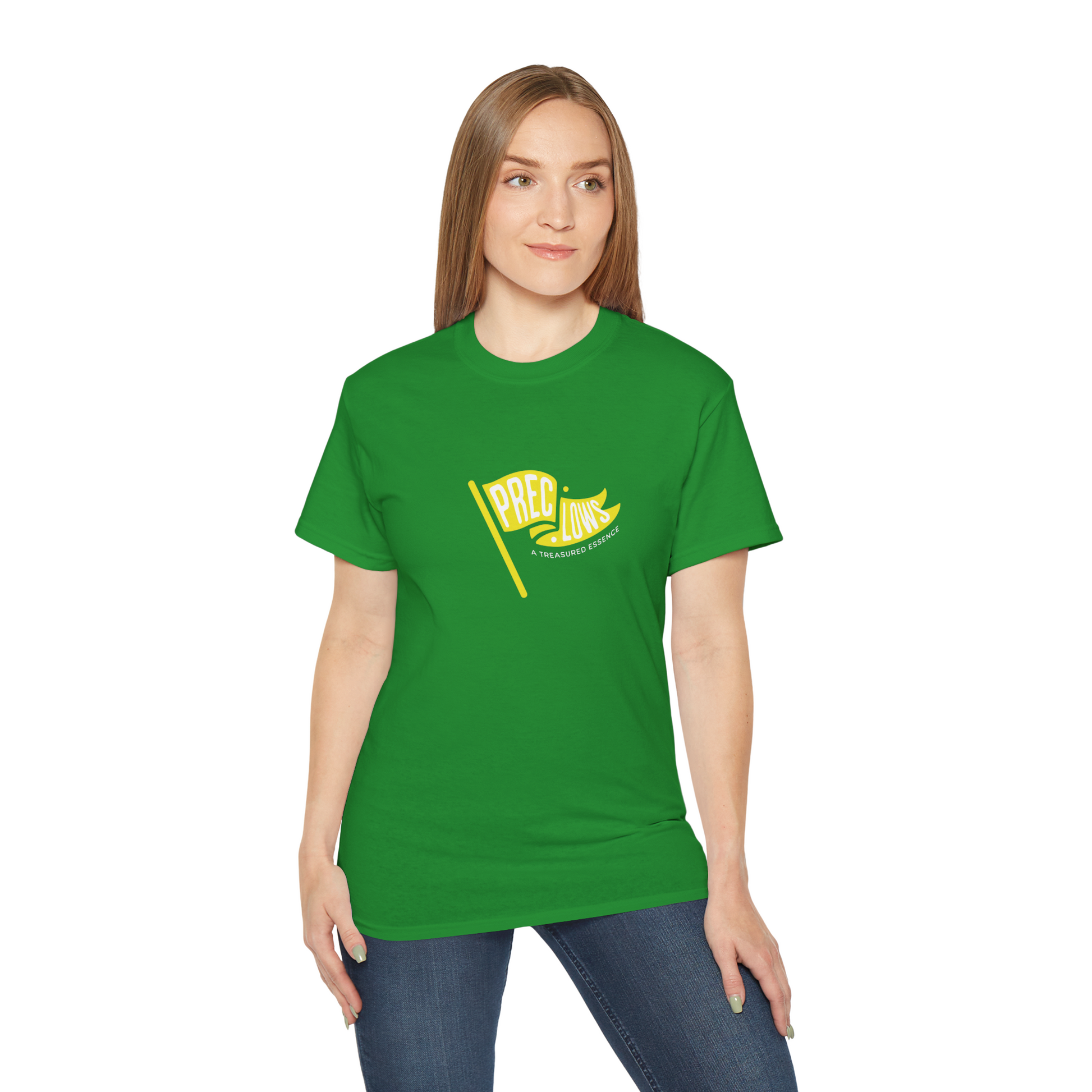 Person wearing a green t-shirt with a yellow graphic on a white background