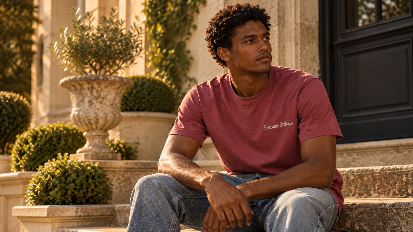 A man sits on stone steps wearing a dusty rose short-sleeve t-shirt with 'Precious Hollows' printed in white on the left chest, paired with blue jeans. The background features a grand building facade with columns, a large stone planter, and a dark door.