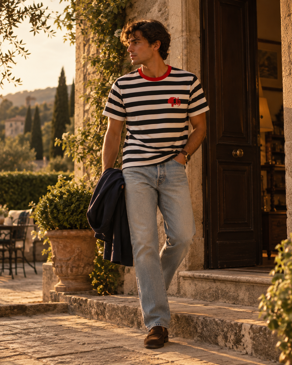 Young man stepping outside at golden hour in a black-and-white striped Precious Hollows tee and light denim
