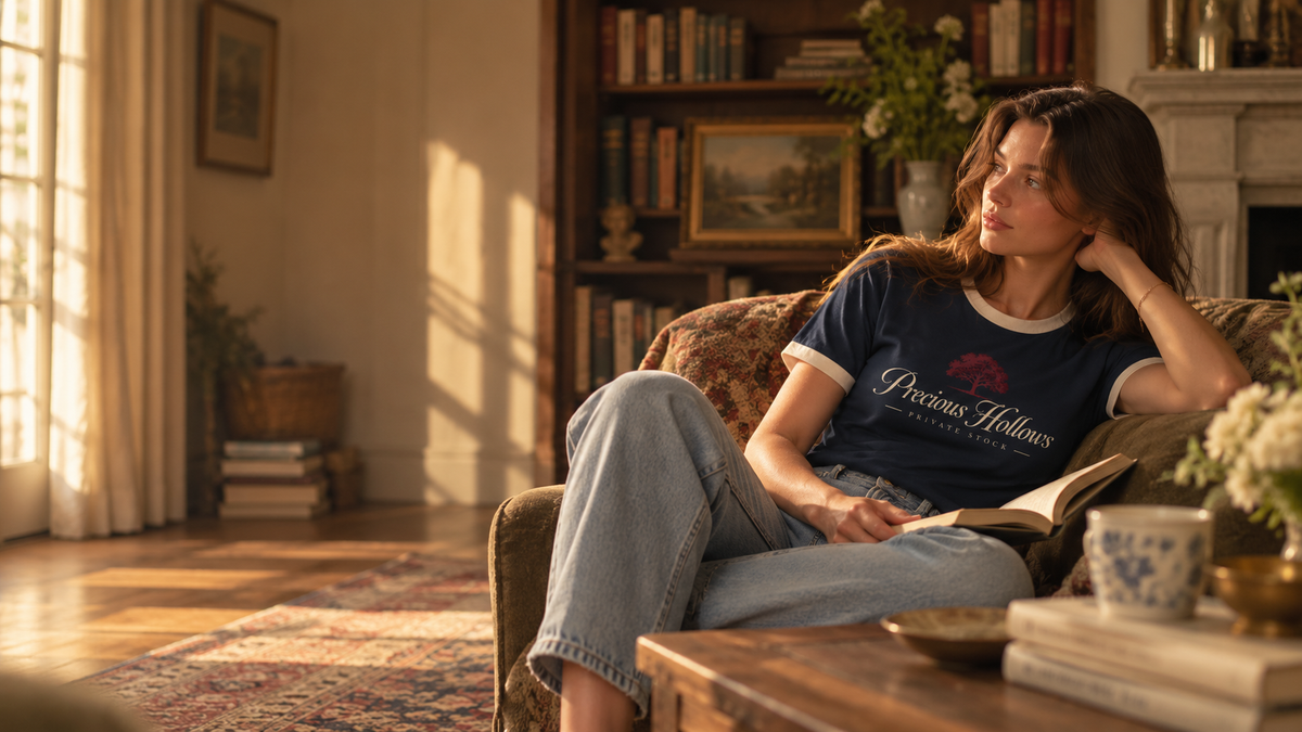 Woman reading in a sunlit library wearing a navy Precious Hollows Private Stock ringer tee