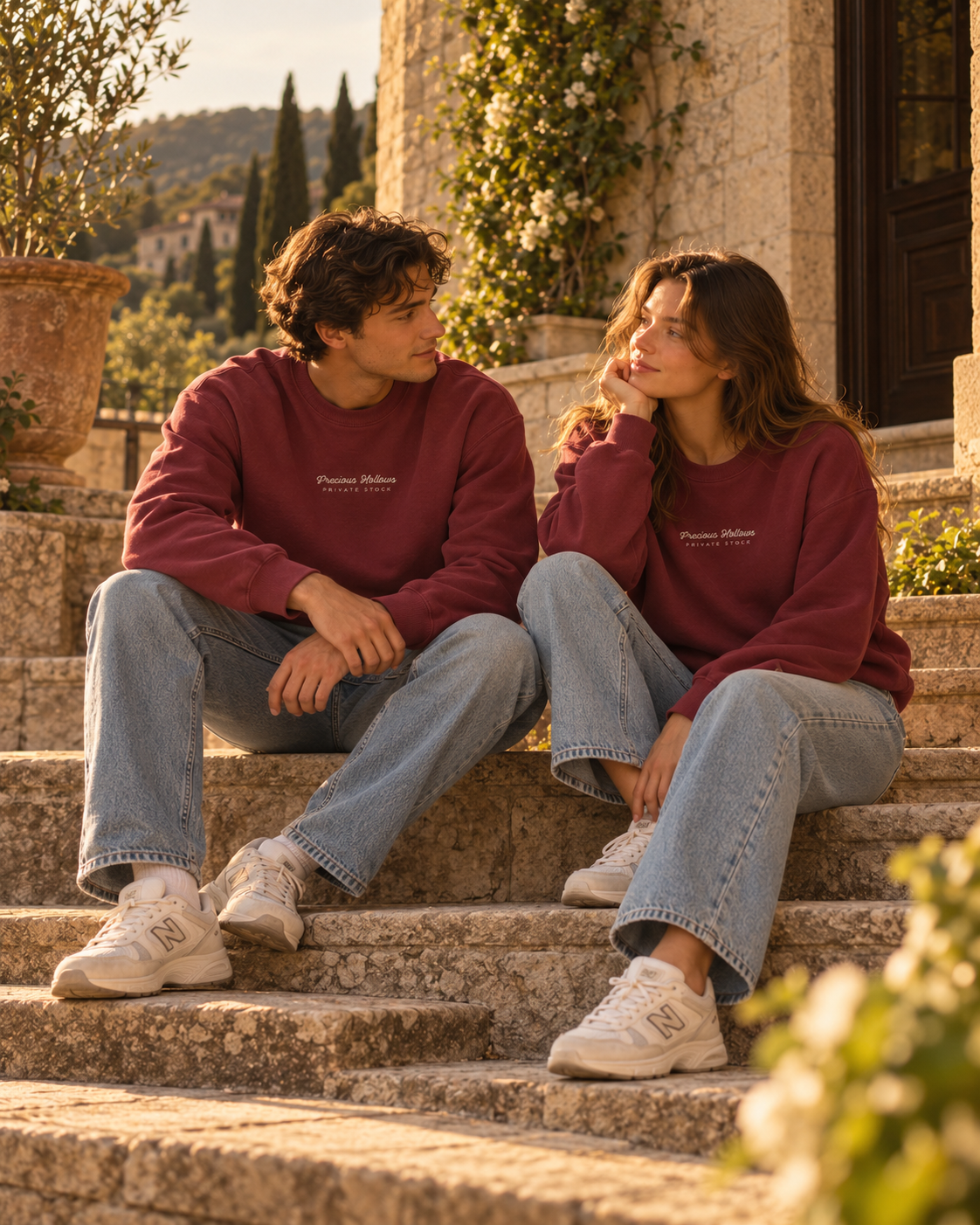 Young man and woman sitting together on stone steps at golden hour in matching burgundy Precious Hollows Private Stock crewnecks