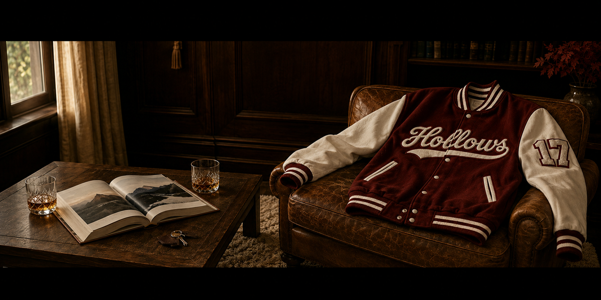 A varsity-style jacket with a burgundy body and cream sleeves, featuring 'Hollows' and the number '17' on the front, draped over a brown leather armchair in a warm, dark room with an open book and a drink on a table.