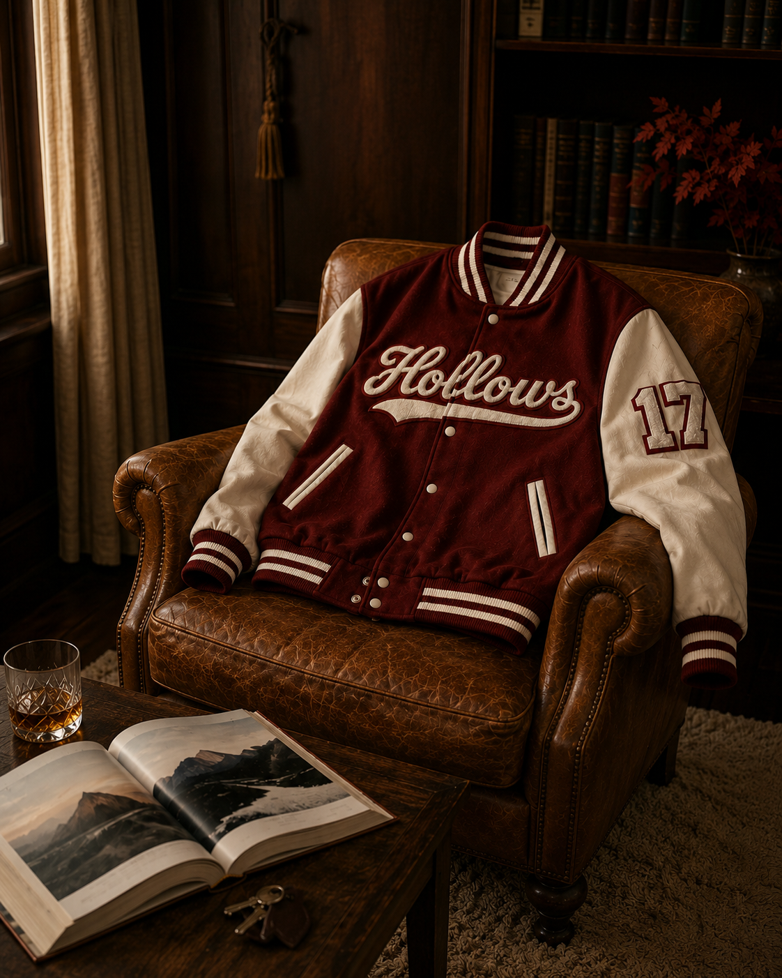 A varsity-style jacket with a burgundy body and cream sleeves, featuring 'Hollows' and the number '17' on the front, draped over a brown leather armchair in a warm, dark room with an open book and a drink on a table.