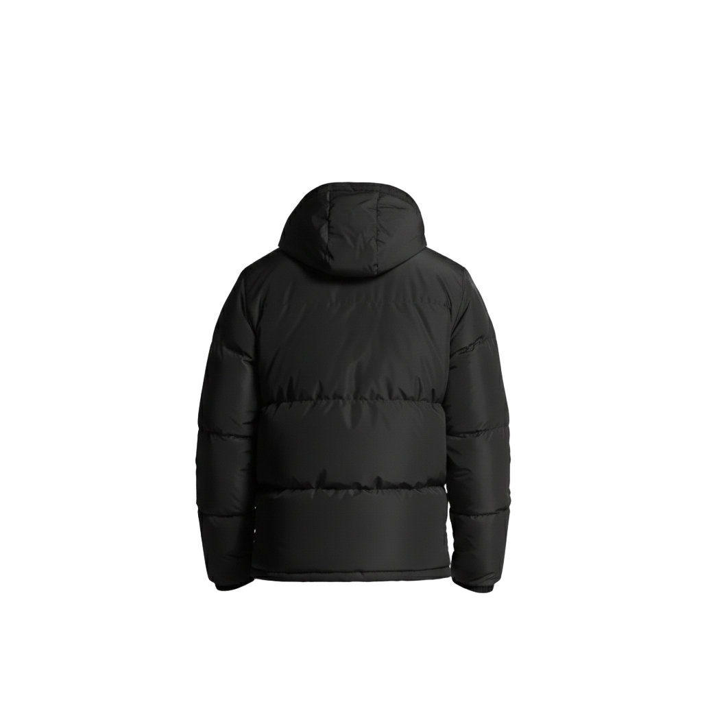 Black puffer jacket on a white background