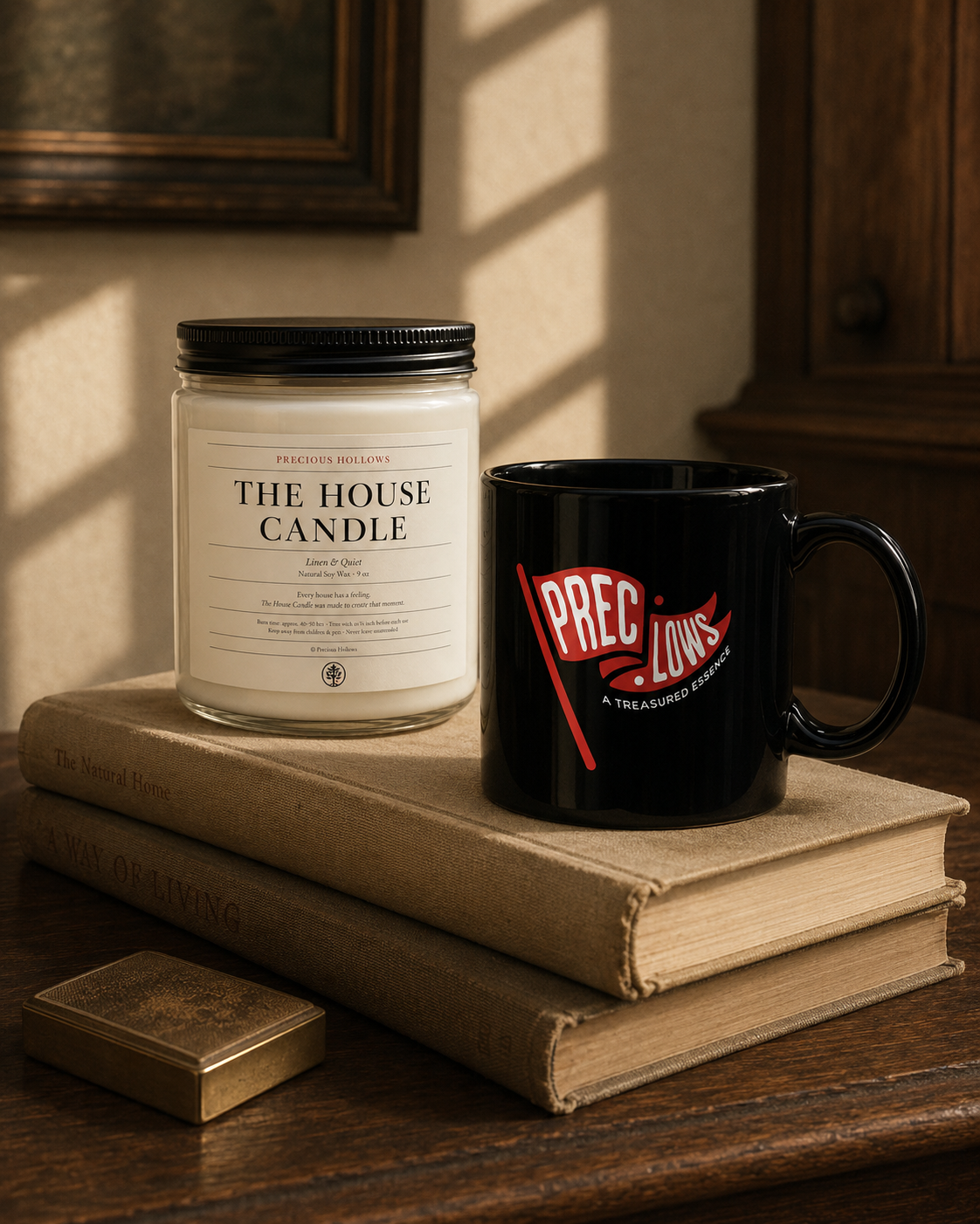 A styled tabletop scene with a glass jar candle labeled 'THE HOUSE CANDLE' and a black mug printed with 'PRECIOUS HOLLOWS' and a red logo, placed on stacked books on a wooden table in warm sunlight.