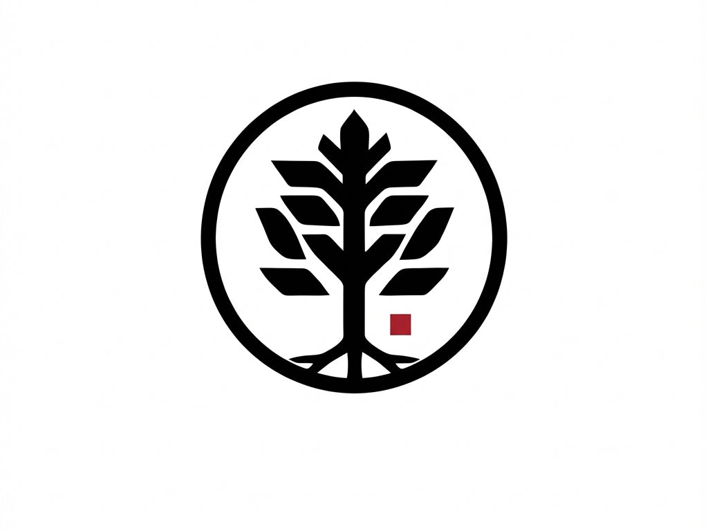 Black and white logo with a stylized tree design on a white background