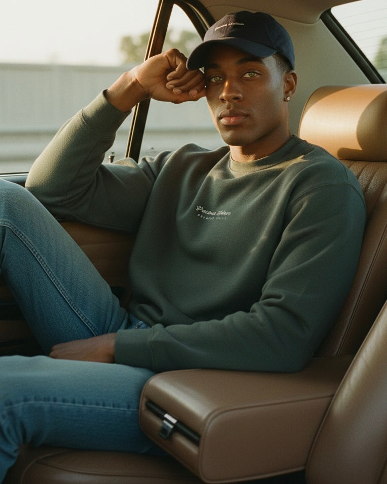 Person sitting in a car wearing a green sweatshirt and dark cap.
