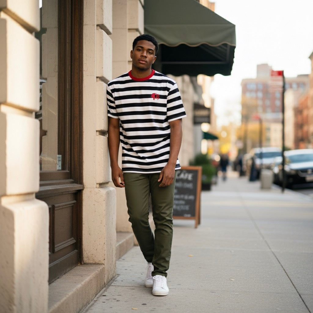 Man wearing a striped shirt and green pants standing on a city street.