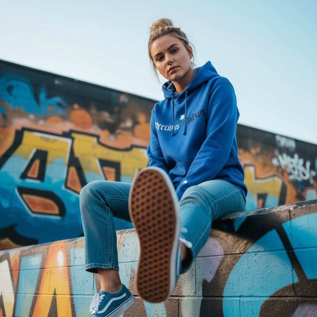 Person wearing a blue hoodie sitting on a graffiti-covered wall