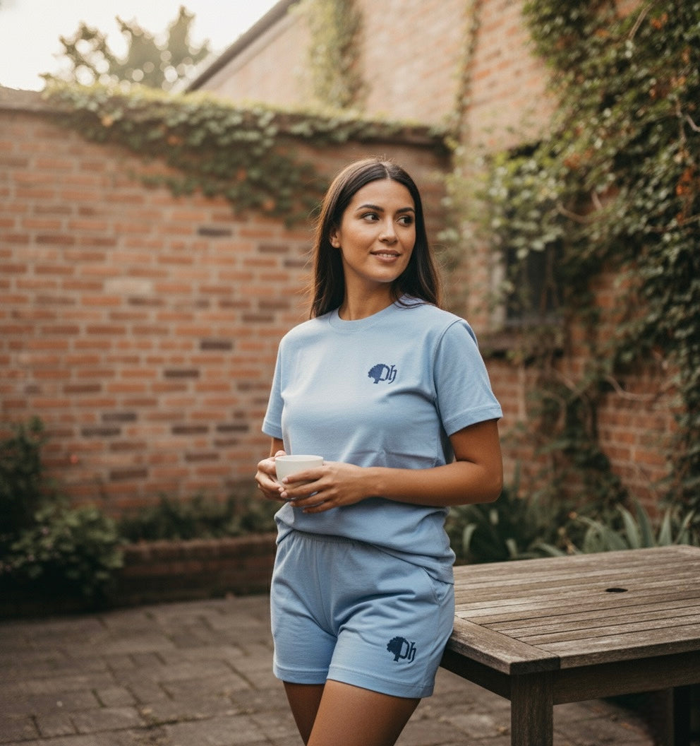 Woman in light blue t-shirt and shorts standing outdoors near a wooden table with a brick wall and greenery in the background.
