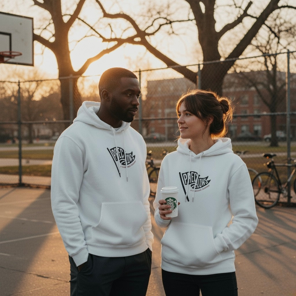 Two people wearing white hoodies with a logo on a basketball court at sunset.