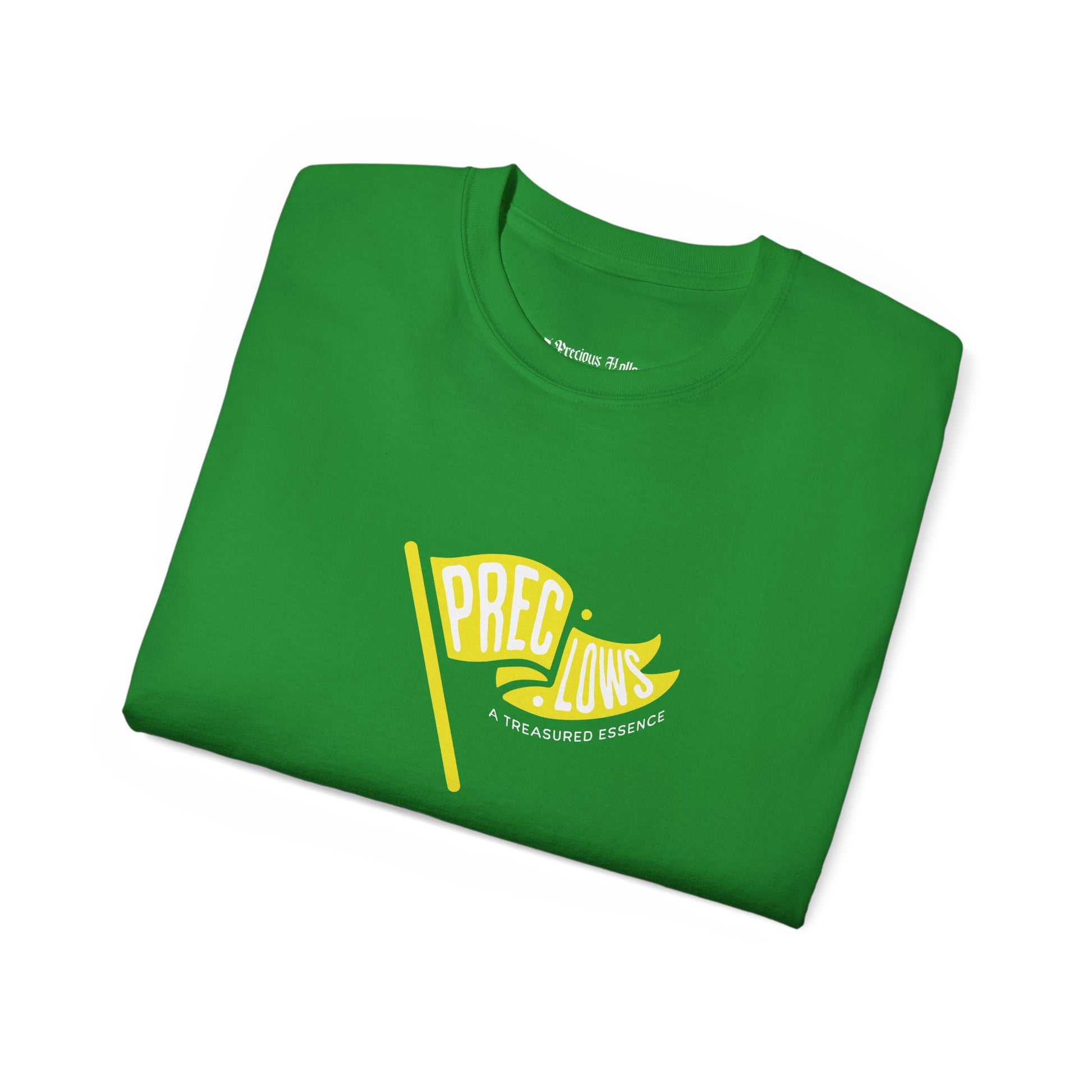Folded green t-shirt with yellow and white graphic on a white background.#color_irish-green