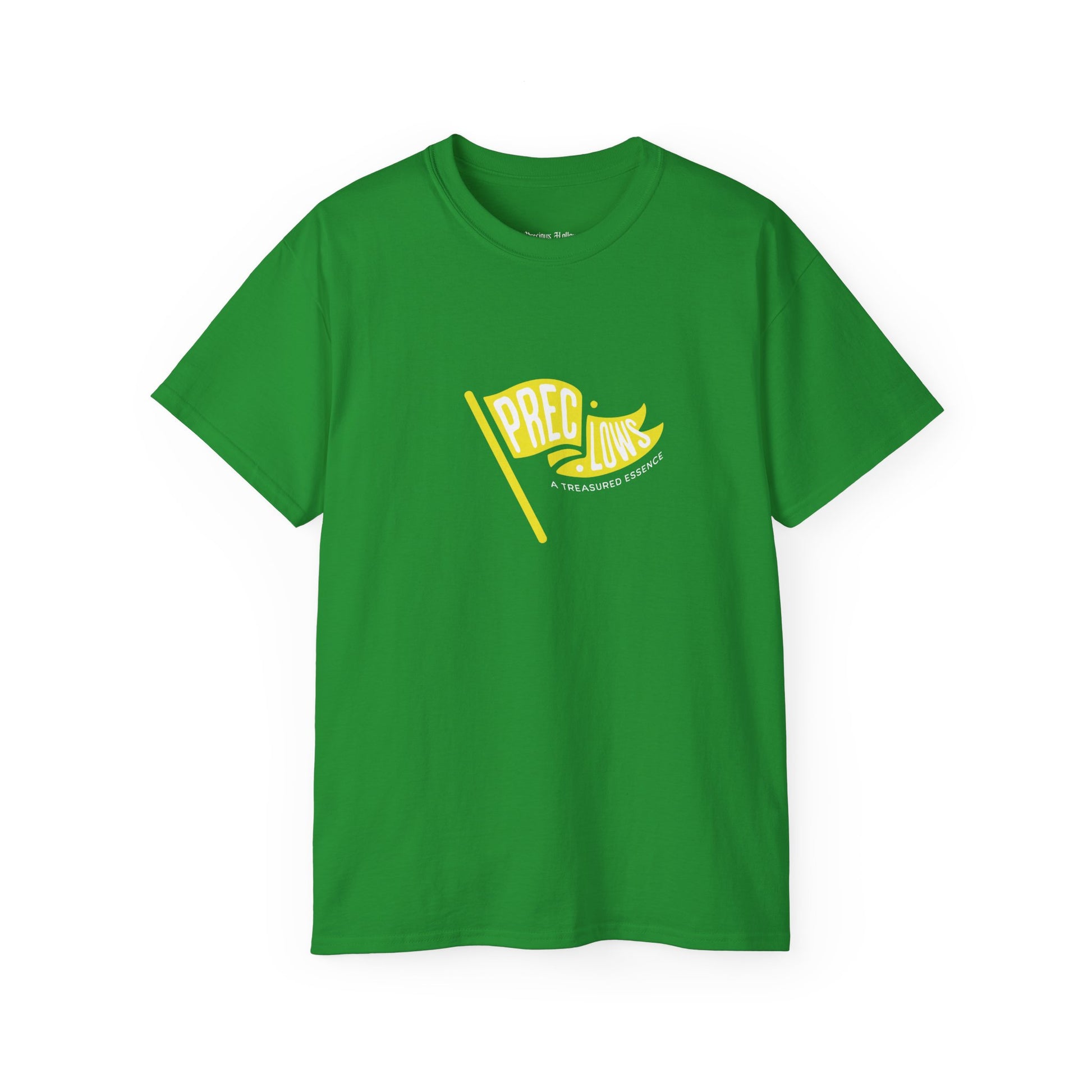 Green t-shirt with yellow graphic and text on a white background.#color_irish-green